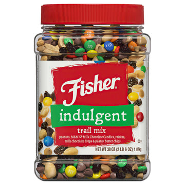 Fisher Snack Indulgent Trail Mix, 38 Ounces, Peanuts, Milk Chocolate Candies, Raisins, Milk Chocolate Drops, Peanut Butter Chips