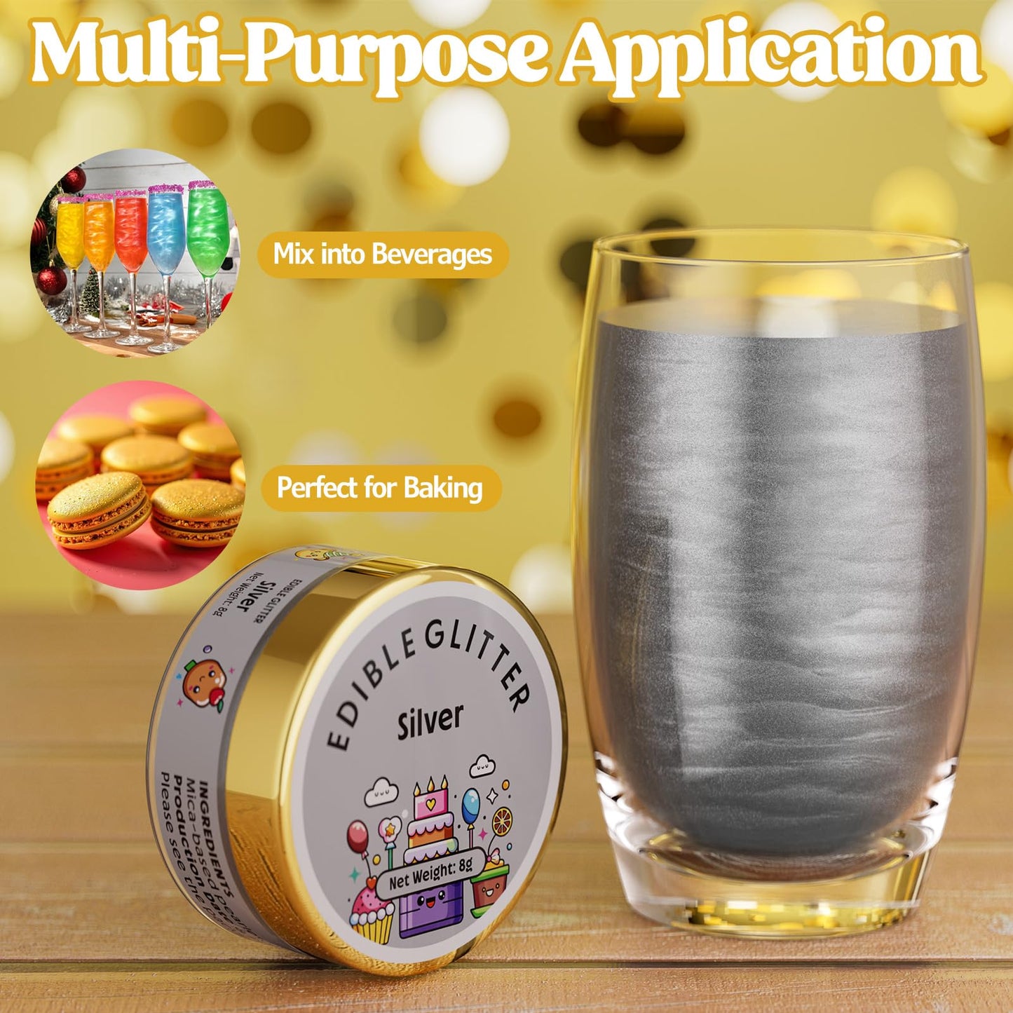 Nomeca Edible Glitter for Drinks and Cakes, 8g Food Grade Luster Dust, 2-Silver