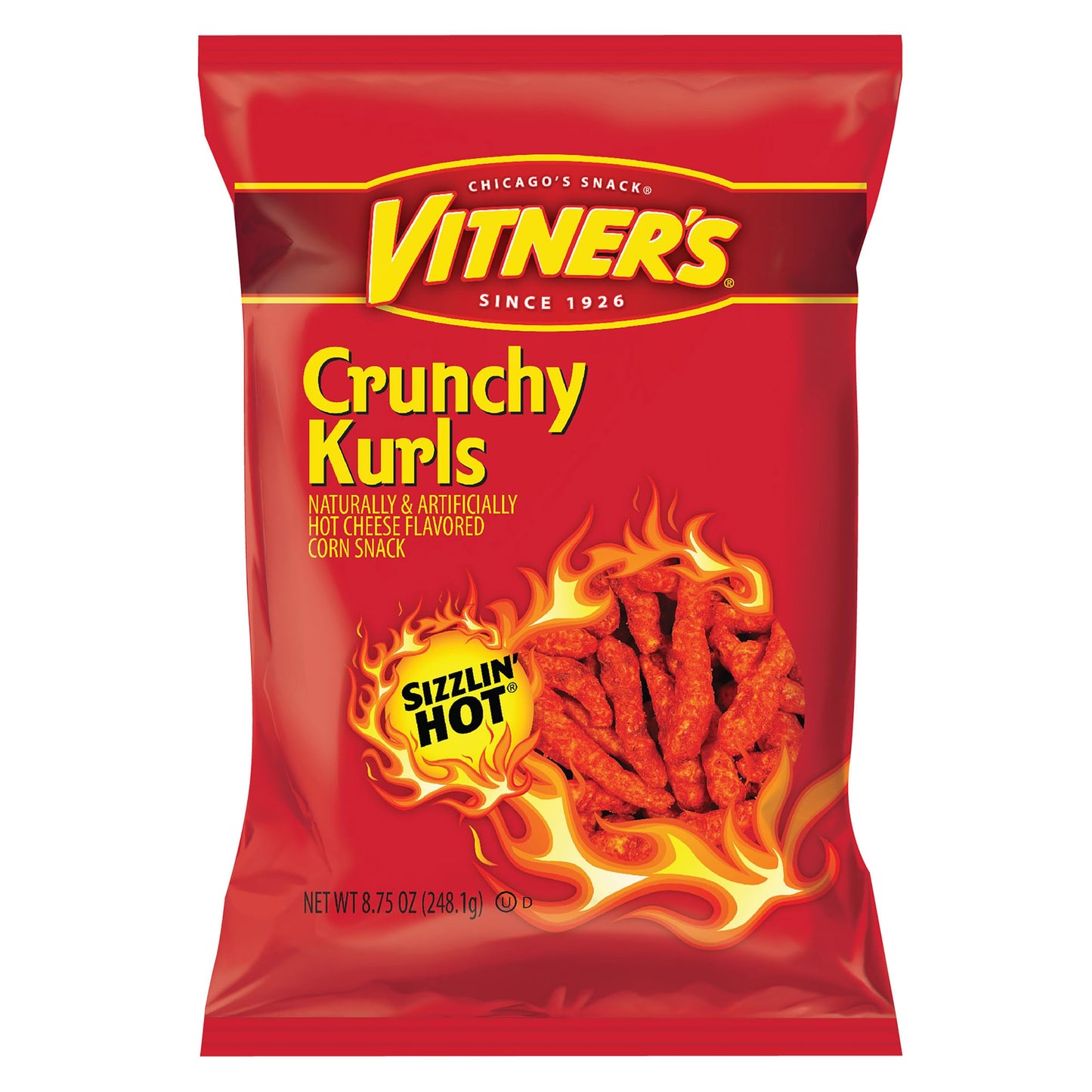 Vitners Sizzlin Hot Crunchy Kurls  8.75 oz Bags (Pack of 16) - Bold & Spicy Cheese Flavored Corn Snacks | Intense Crunch | Chicago Food