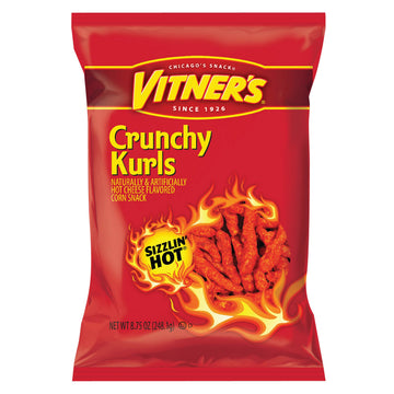 Vitners Sizzlin Hot Crunchy Kurls  8.75 oz Bags (Pack of 16) - Bold & Spicy Cheese Flavored Corn Snacks | Intense Crunch | Chicago Food