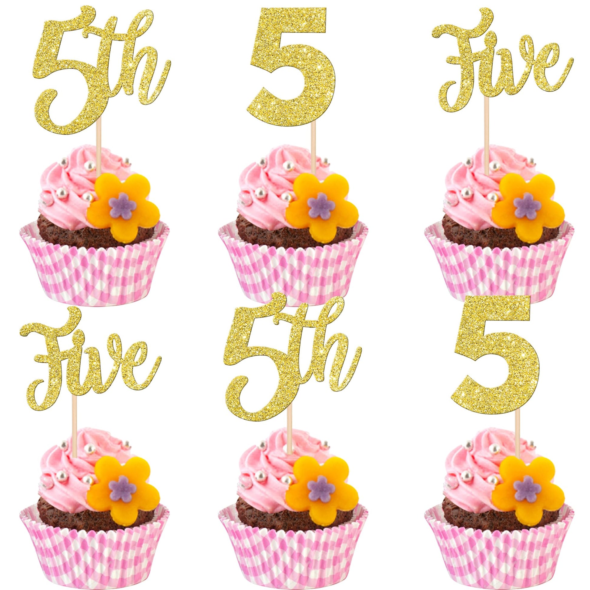 24 PCS 5th Birthday Cupcake Toppers Glitter Five Cupcake Picks Number 5 Birthday Cupcake Decorations for Baby Shower Kids 5th Bi