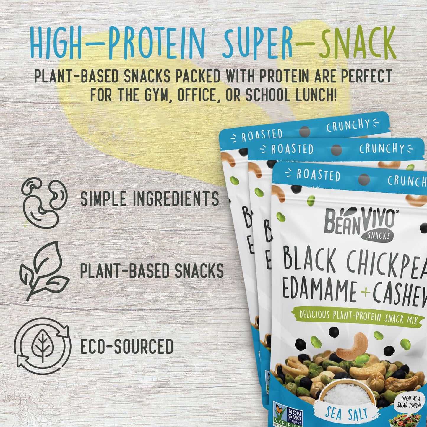 BeanVIVO Plant Based Protein Snacks - (7 Gram Protein) Sea Salt Flavor with Dried Edamame, Roasted Cashew and Chickpeas - Non-GM