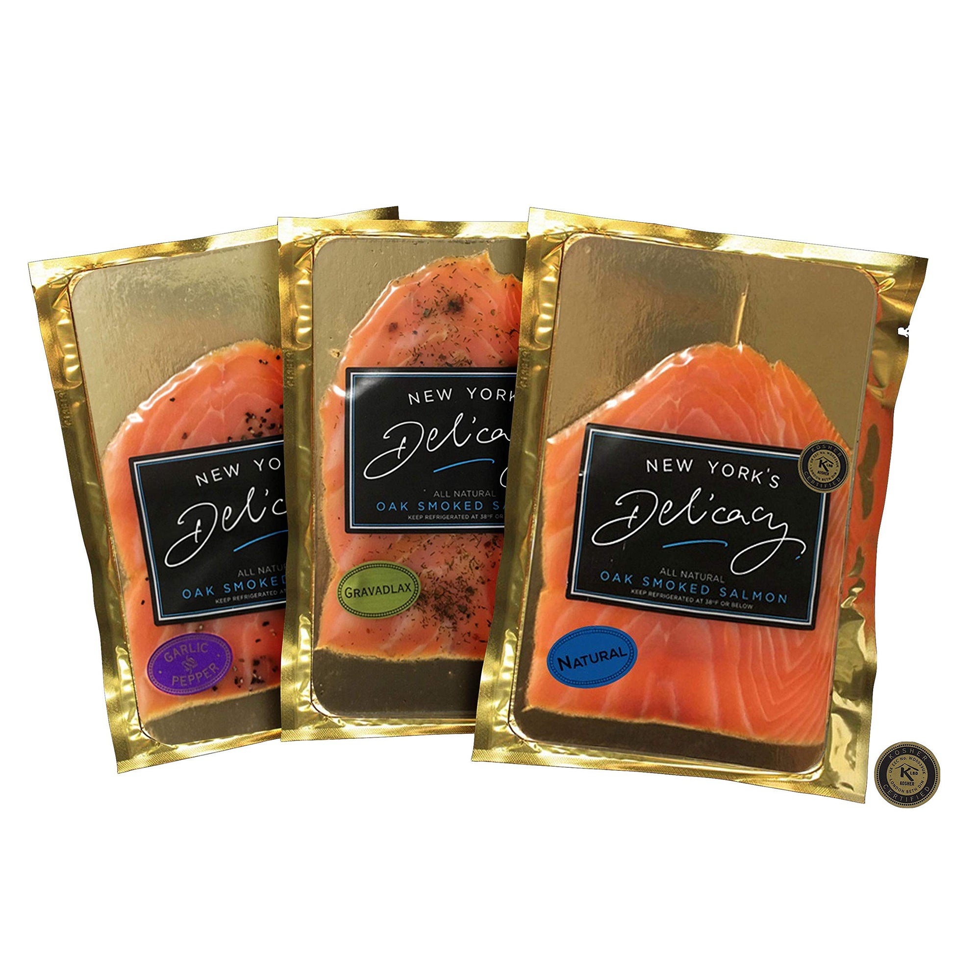 New Yorks Delicacy Smoked Salmon Nova - Gourmet Natural Combo - 3 X 4 Oz. (0.75 Lb.) [1 X Natural + 1 X Gravadlax + 1 X Garlic & Pepper]