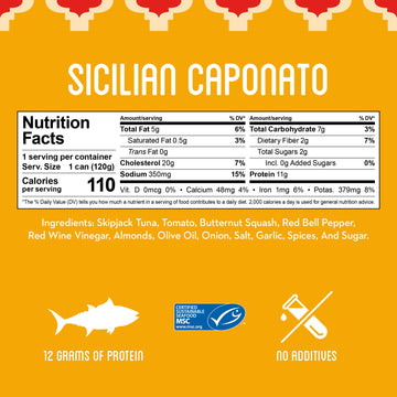 Fresh   Gourmet Canned Tuna (Sicilian Caponata, 10 pack of 4.25 oz. tin) Freshly Packaged Skipjack Tuna Fish - Sustainably Caugh