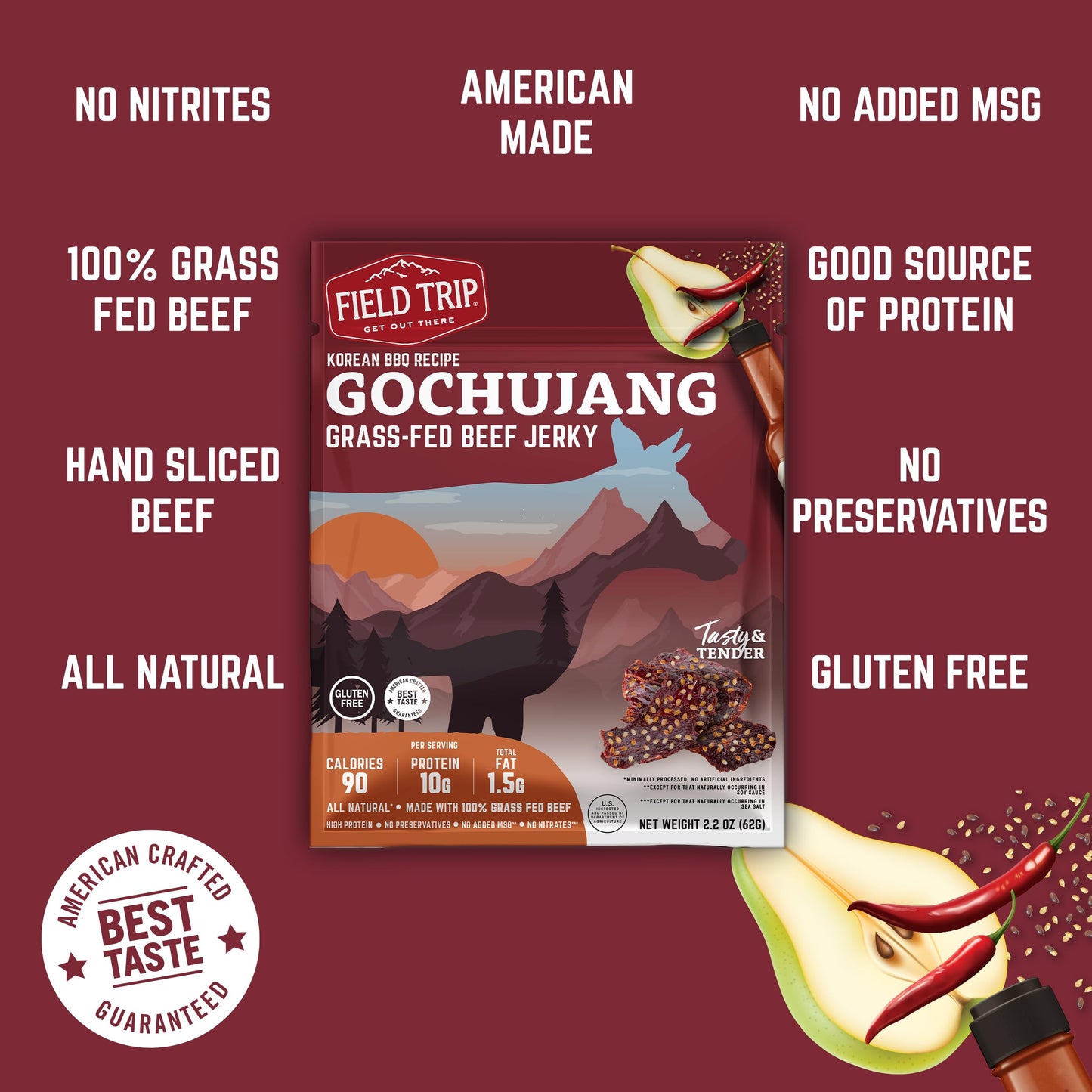 Field Trip Beef Jerky, Grass Fed, Gluten Free, High Protein, Low Carb, Gochujang Korean BBQ, 2.2oz Bag, 4 Pack