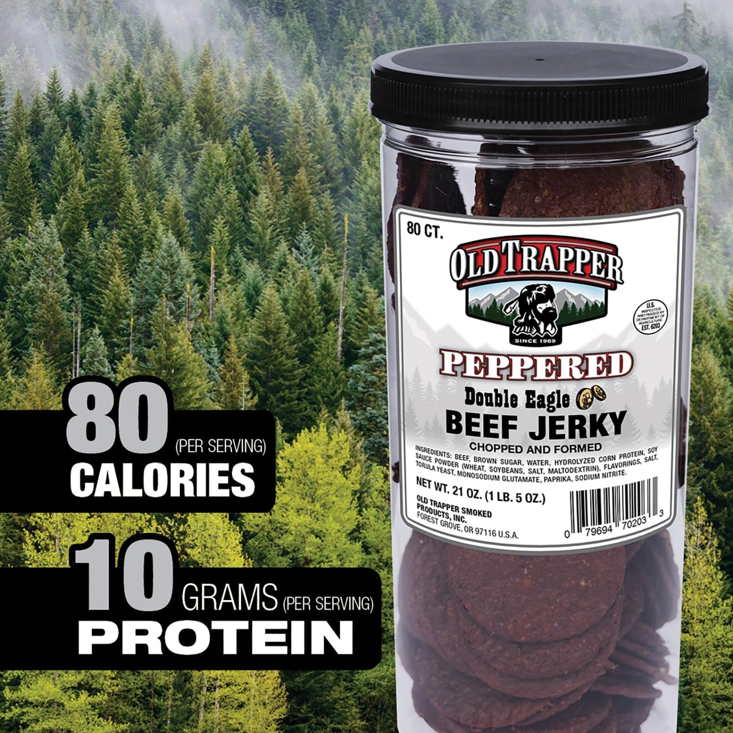 Old Trapper Beef Jerky, Peppered Flavor, 80 Count, 21oz Jar, Natural Wood Smoked Meat Snacks, 10g Protein per Serving
