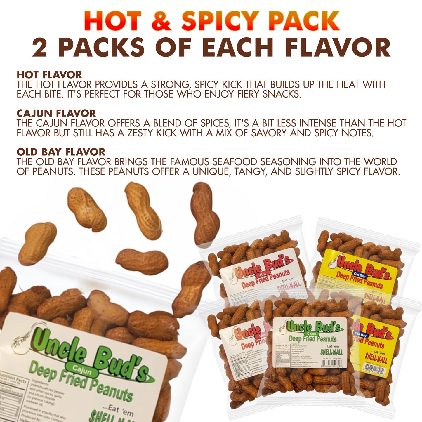Jerky-n-Spice Uncle Buds Deep Fried Peanuts - Spicy Variety Pack, 6 Individual Packs, Ideal for Parties, 7x7x7