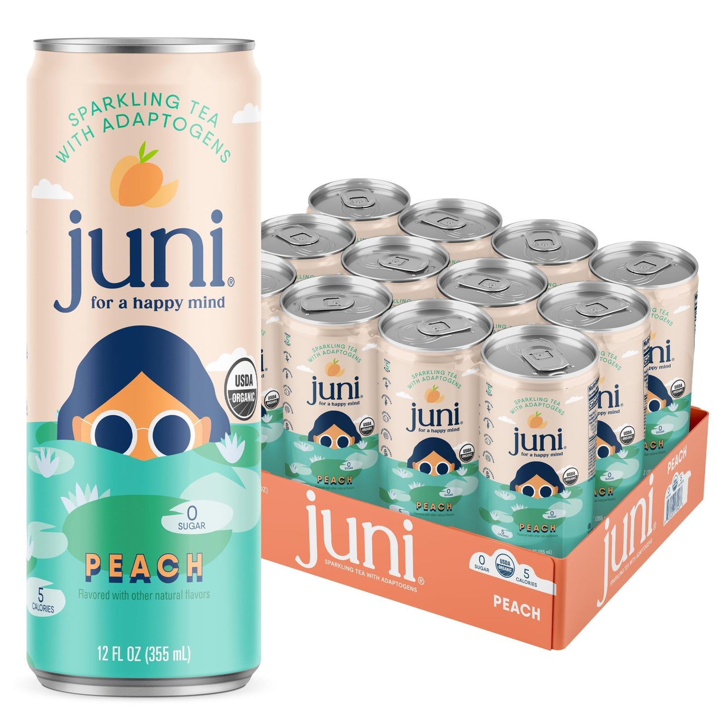 JUNI Sparkling Adaptogen Drink, Peach Flavor, Zero Sugar, 12 Fl Oz (Pack of 12)