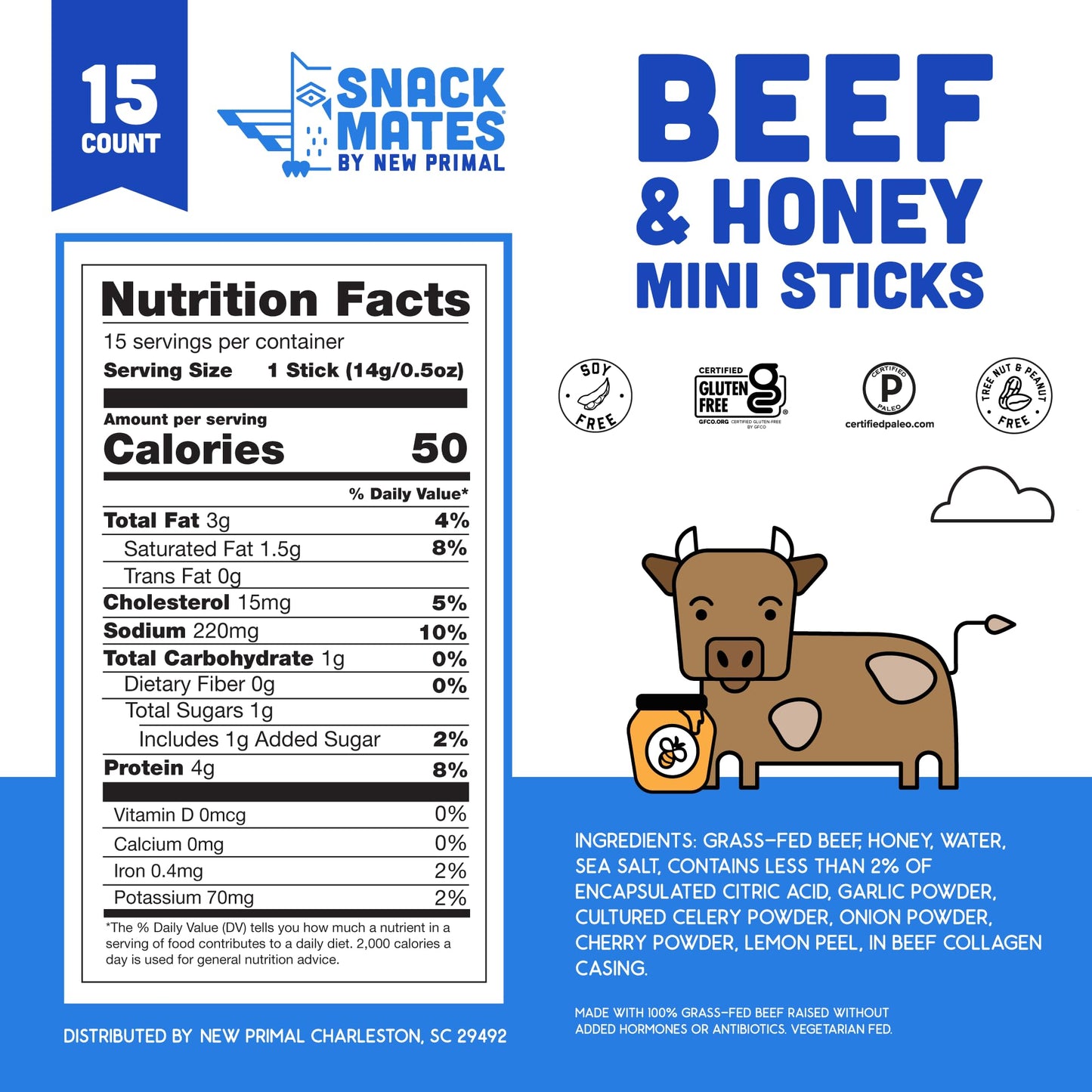 New Primal Snack Mates Beef & Honey Sticks  Healthy Snacks for Kids  Low Sugar High Protein Back to School Snacks  Gluten Free  Mini Jerky Meat Stick  4g Protein  50 Calories  15 Pack