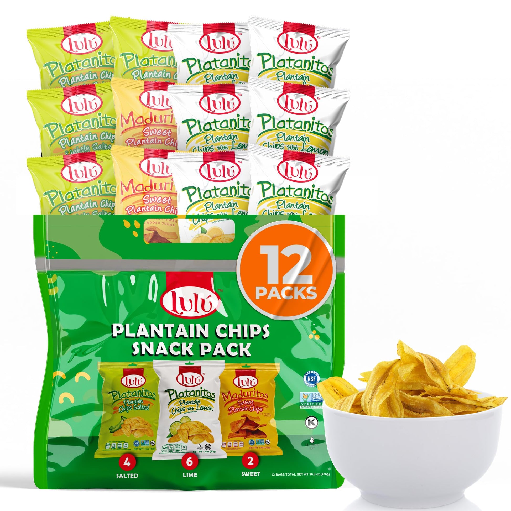 LULU Plantain Chips Variety Pack, Lightly Salted, 12 Count (6 Lemon, 4 Salted, 2 Sweet)
