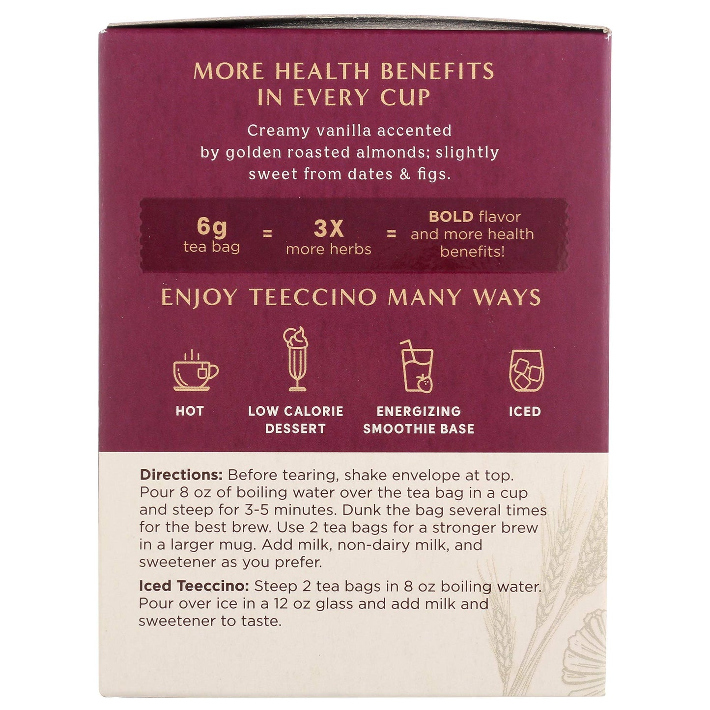Teeccino Vanilla Nut Herbal Tea - Caffeine Free, Prebiotic, 10 Tea Bags, Brown