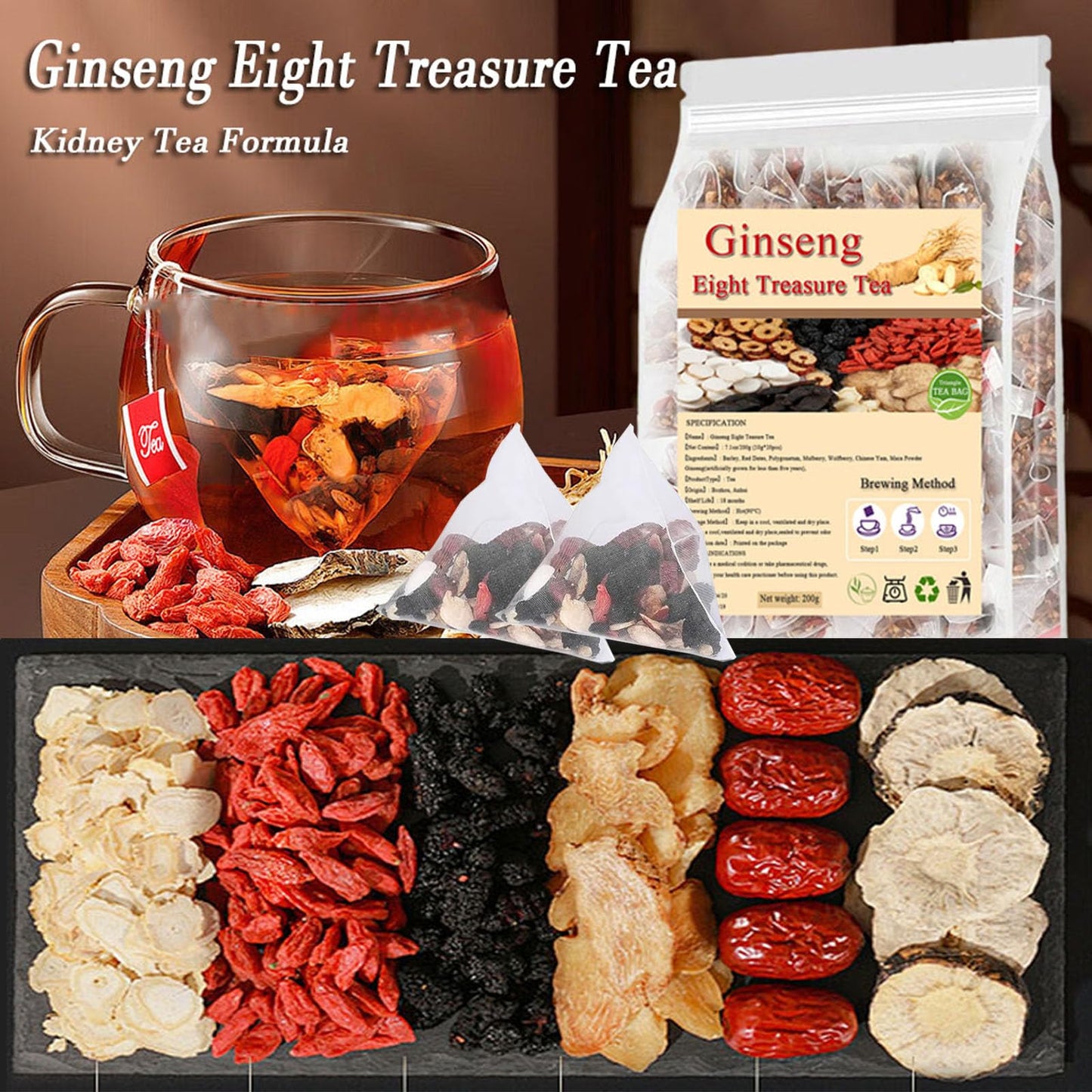 Aultink Ginseng Eight Treasure Tea - Herbal Teabag with Red Date, Wolfberry, Mulberry, Goji Berries - 10g x 20PCS