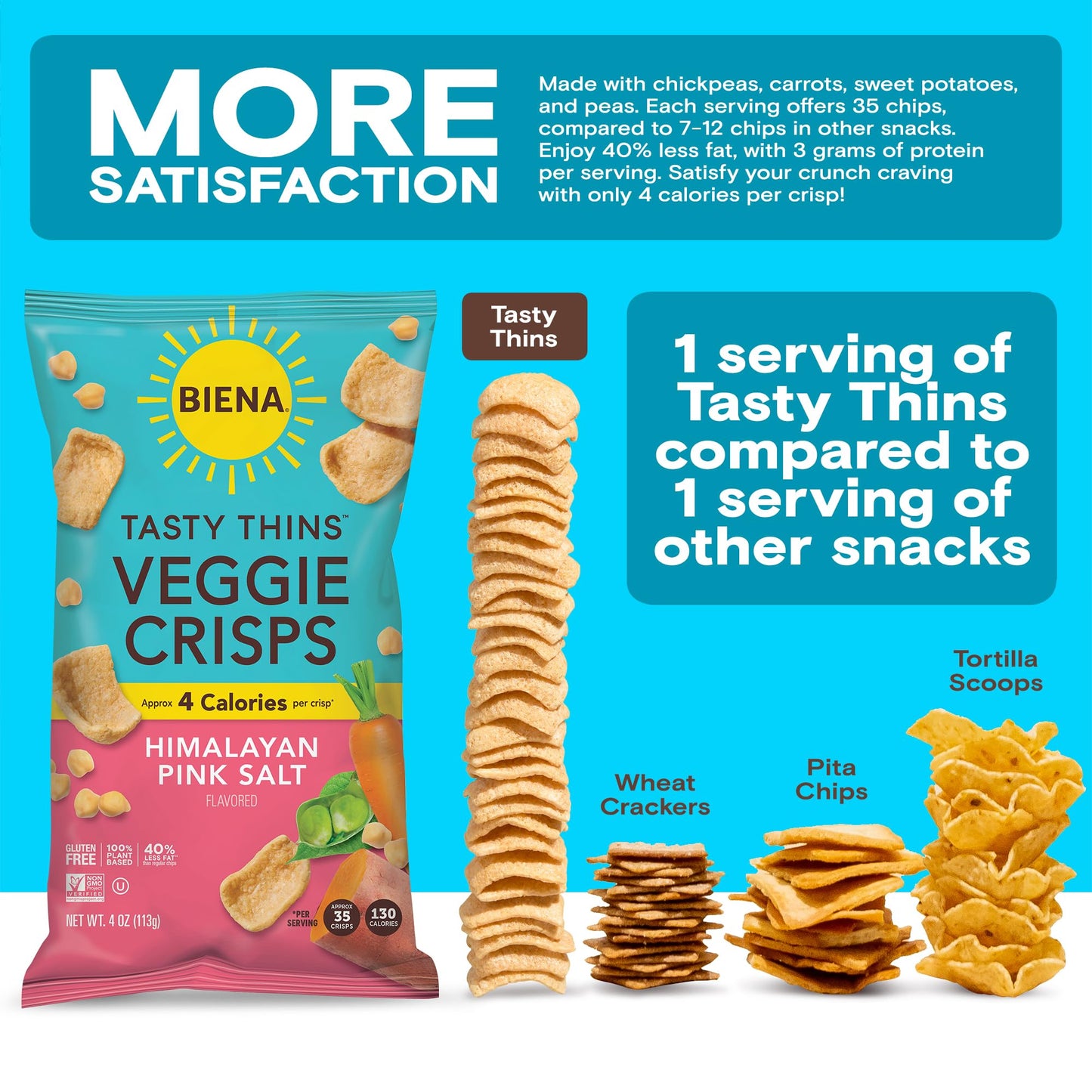 Biena Tasty Thins Veggie Crisps - Low Calorie Veggie Chips For Adults And Kids - 4-Pack, 4 Ounce Bags - Himalayan Pink Salt