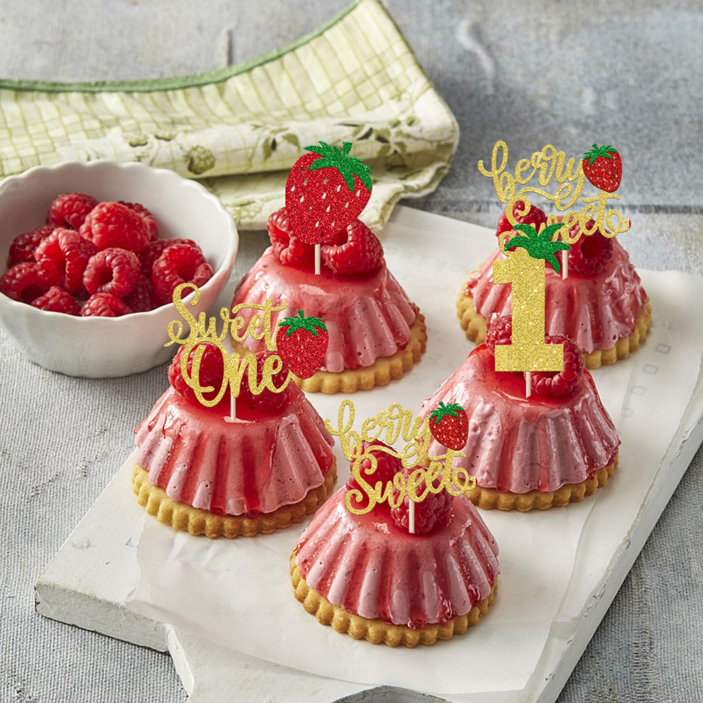 YCTHUNFISH Cupcake Toppers 24 Pack Glitter First Birthday Strawberry Picks Gold Paper Decorations