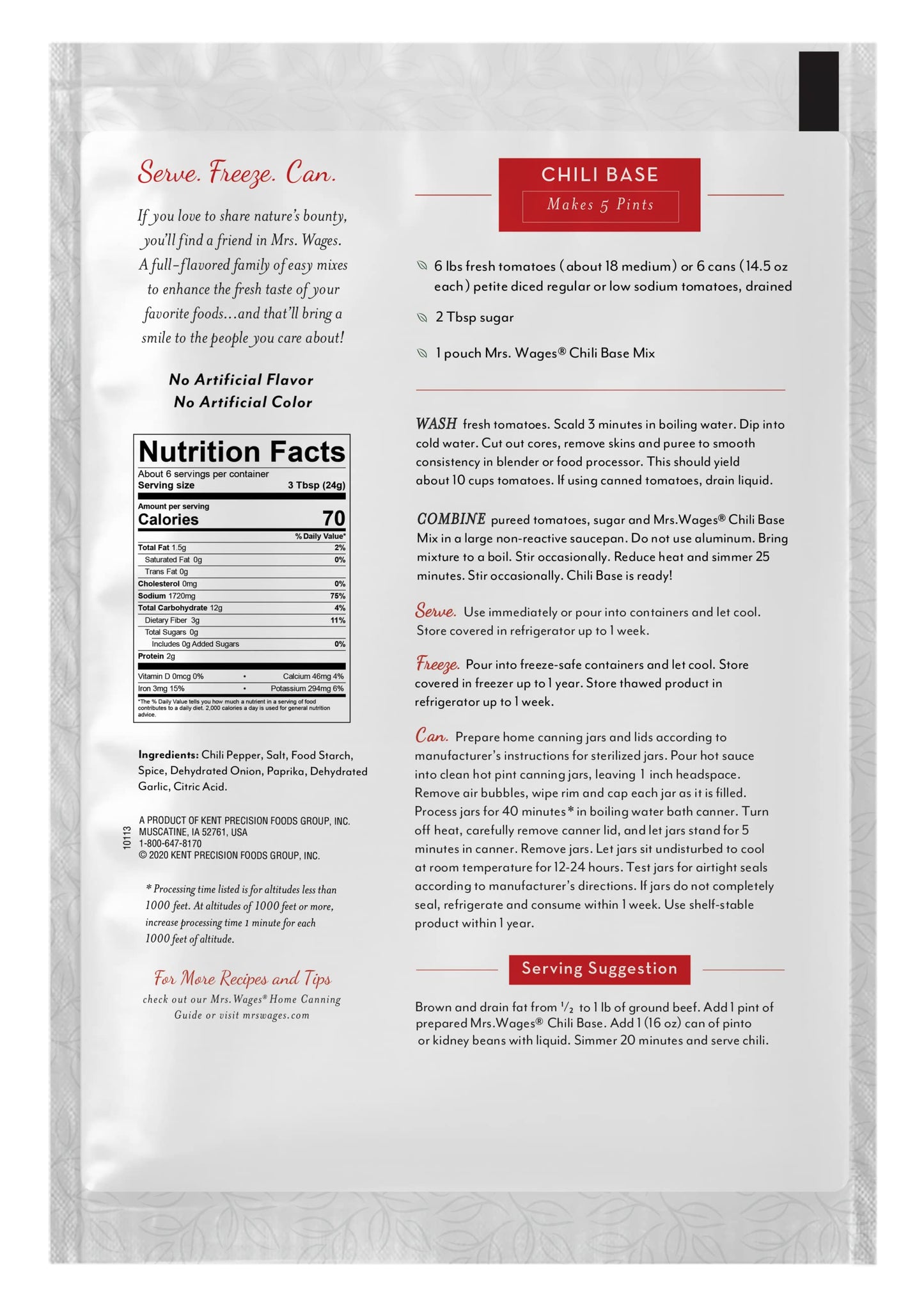 Mrs. Wages Chili Base Canning Mix | Easy-To-Use | Simple Homemade Chili | Great Flavor | Easy To Freeze or Serve Fresh | 5 oz Pa