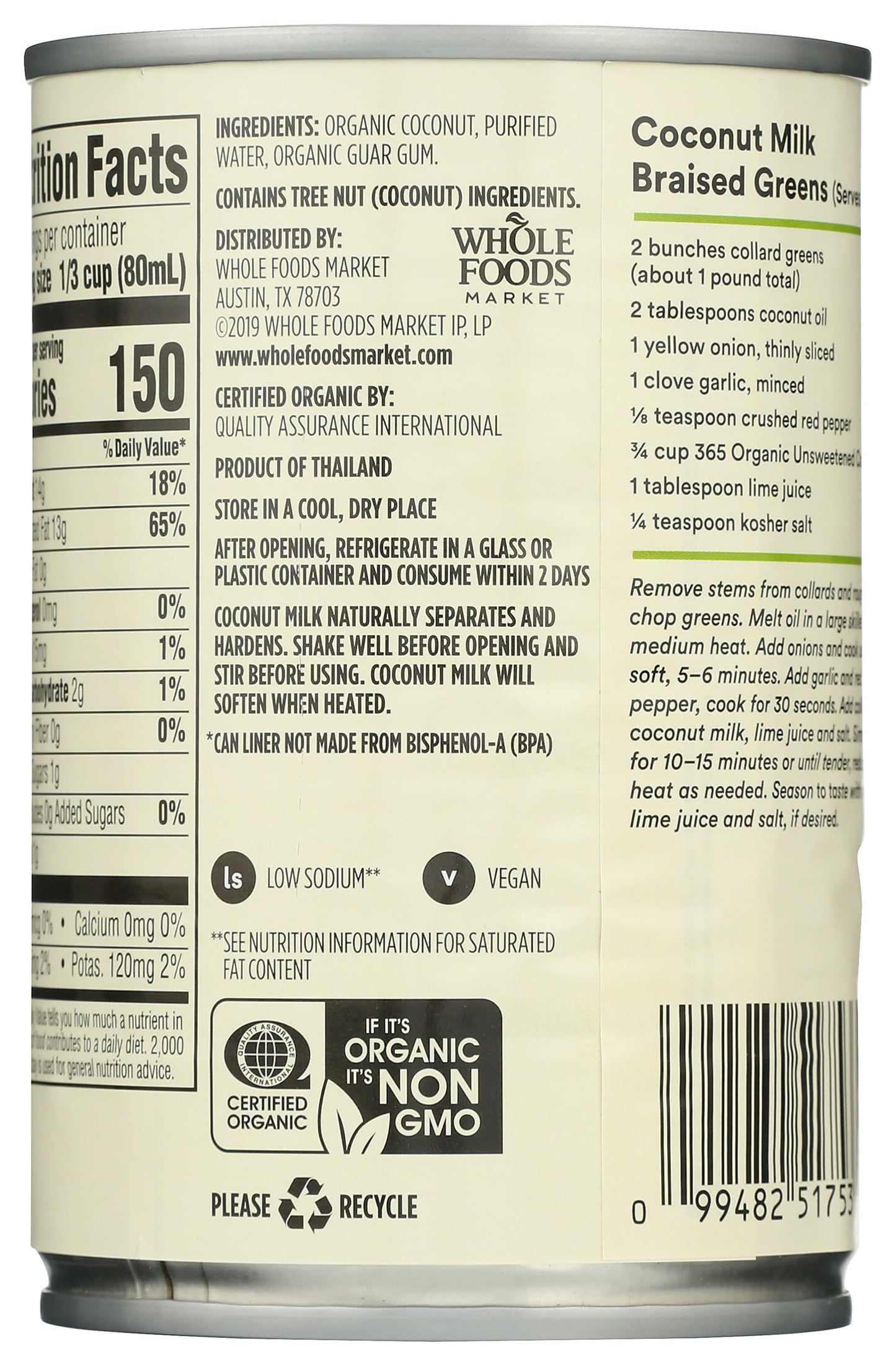 365 By Whole Foods Market, Coconut Milk Unsweetened Organic, 13.5 Ounce