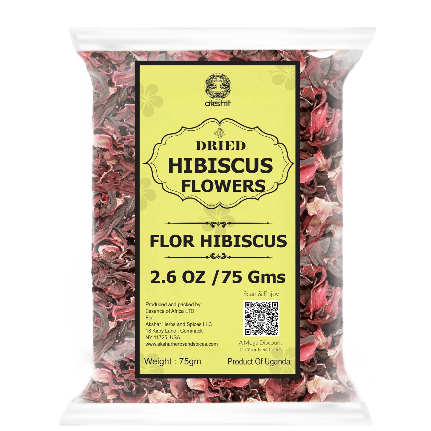 Akshit Hibiscus Tea, 100% Natural Whole Flowers, Non-GMO, Gluten-Free, 2.6oz (75g), Pack of 1