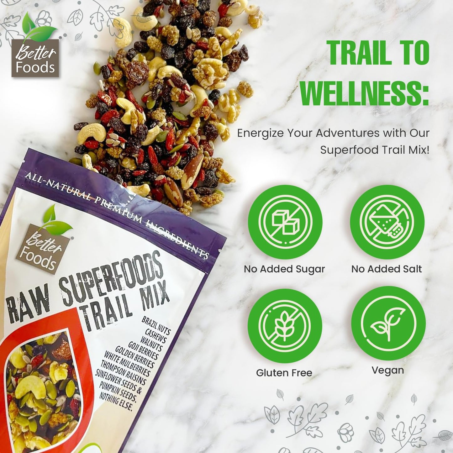 BetterFoods Raw Superfoods Trail Mix - The Works | Cashews, Mulberries, Pumpkin Seeds, Sunflower Seeds, Brazil Nuts, Goji Berrie