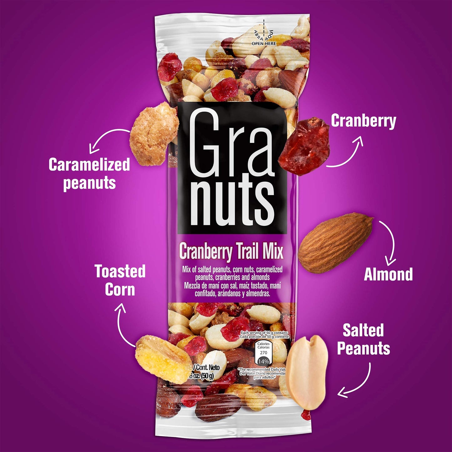 GRANUTS Cranberry Trail Mix - Caramelized Peanuts, Crunchy Corn Nuts & Almonds, Salty & Sweet, 4 Packs of 1.76 Oz (48 Inner Packs