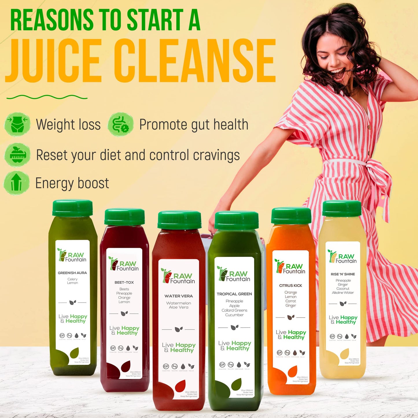 Raw Fountain 1 Day Juice Cleanse, Tropical Flavors, All Natural Raw, Cold Pressed Fruit And Vegetable Juices, Detox Cleanse, 6 B