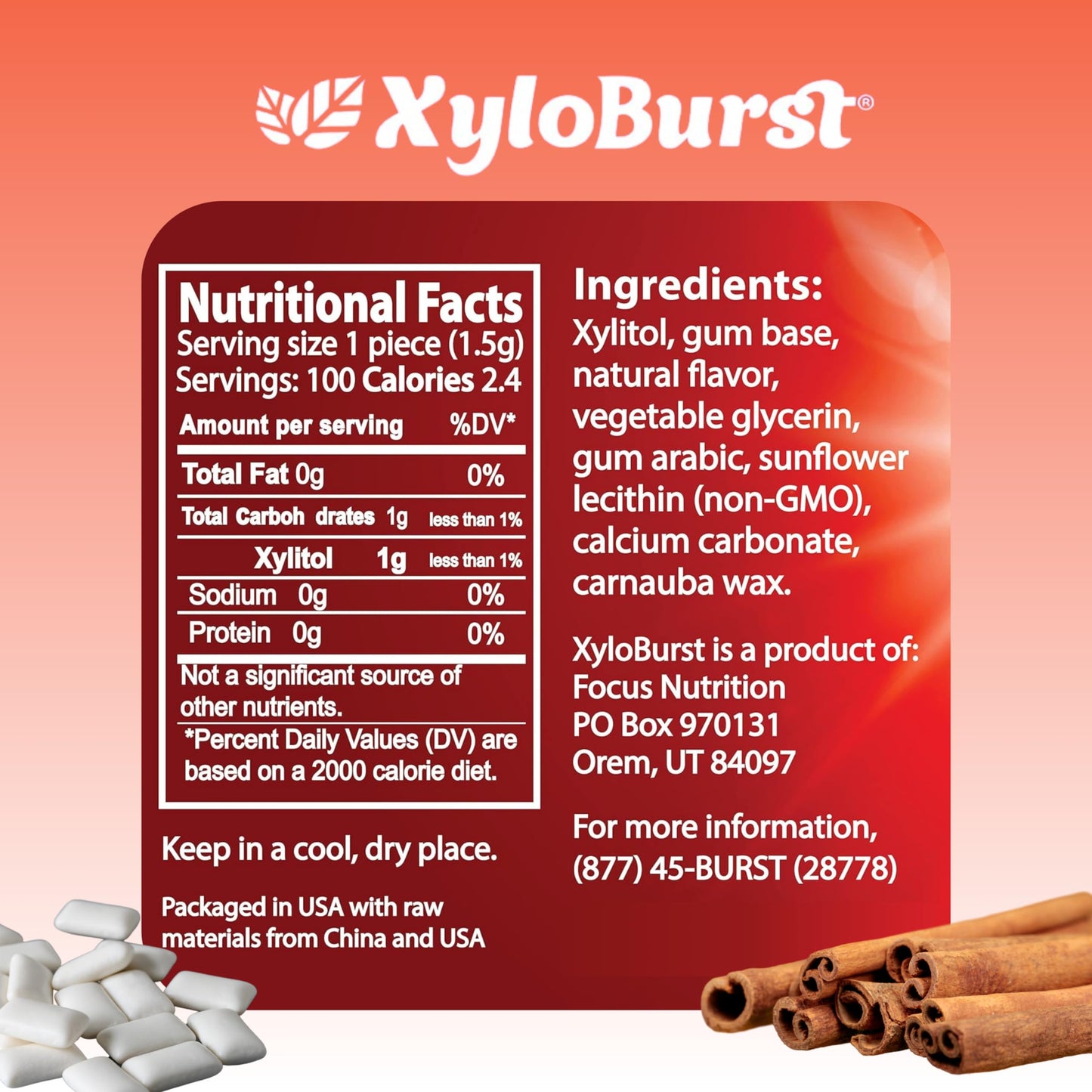 Xyloburst Gum | Xylitol Chewing Gum | Sugar Free, Gluten Free, Keto Friendly | Aspartame Free Gum For Oral Health | Cinnamon | 1