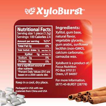 Xyloburst Gum | Xylitol Chewing Gum | Sugar Free, Gluten Free, Keto Friendly | Aspartame Free Gum For Oral Health | Cinnamon | 1