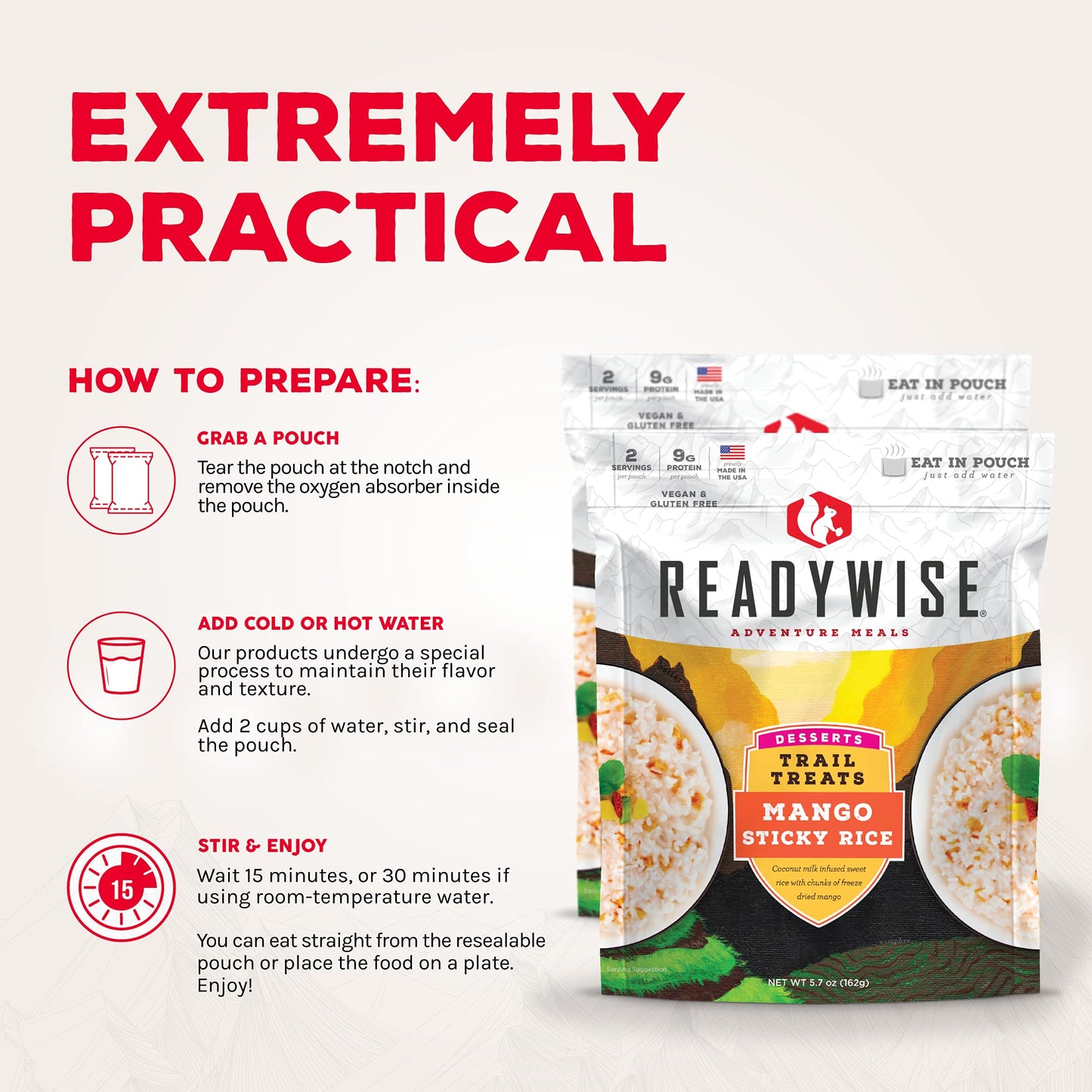 Readywise Outdoor Mango Sticky Rice, Freeze-Dried Backpacking And Camping Meals, Tasty Meals And Snacks For Hiking, Backpacking,