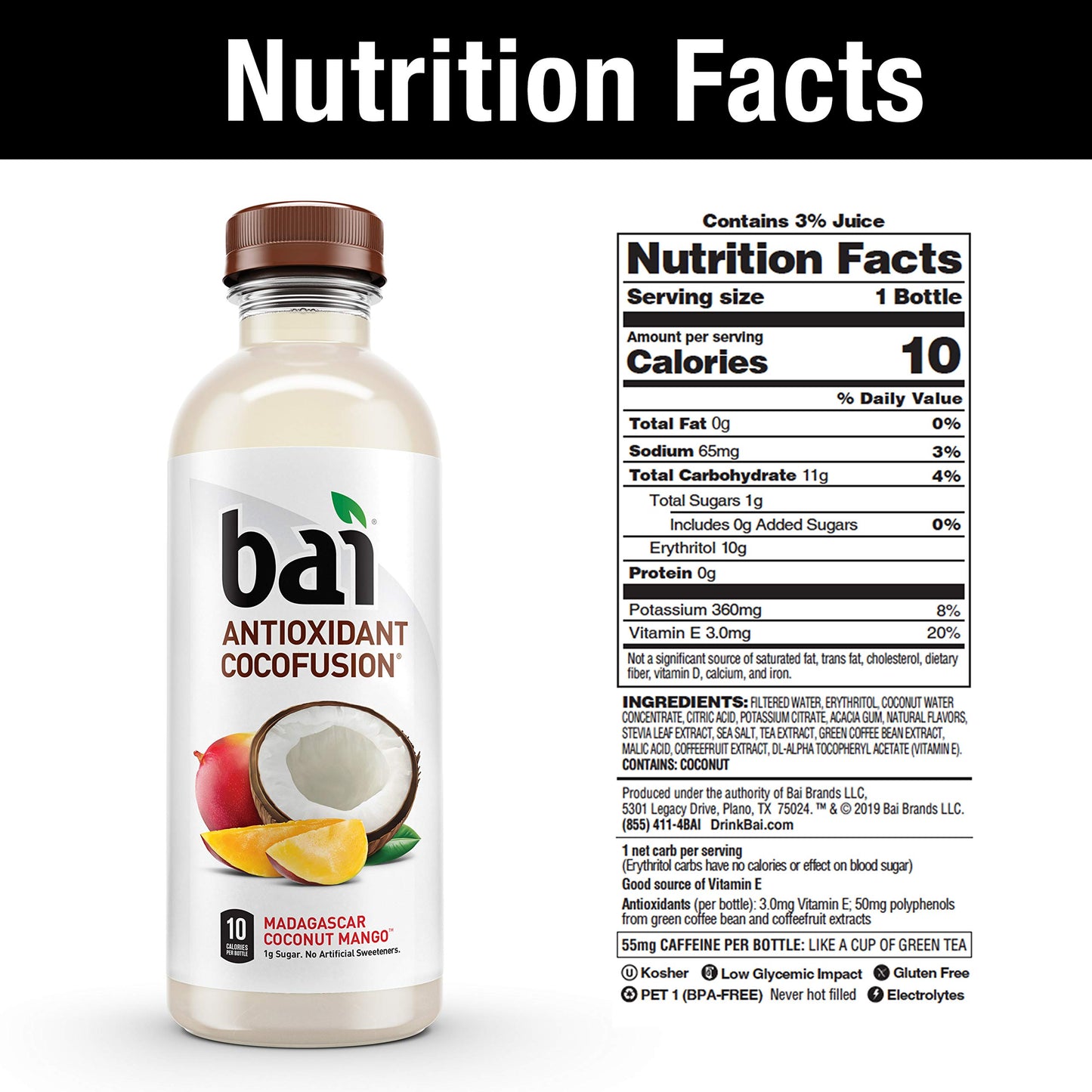Bai Coconut Flavored Water, Madagascar Coconut Mango, Antioxidant Infused Drinks, 18 Fl Oz (Pack of 6)