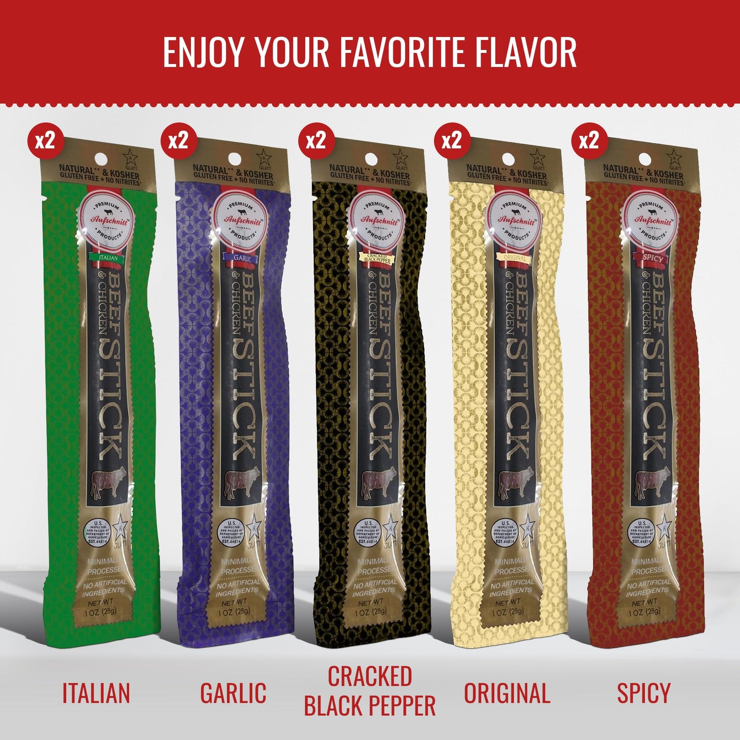 Aufschnitt Grass Fed Beef Jerky Sticks - Low Sodium, Certified Kosher - Halal And Keto Friendly - 10 Pack, Variety