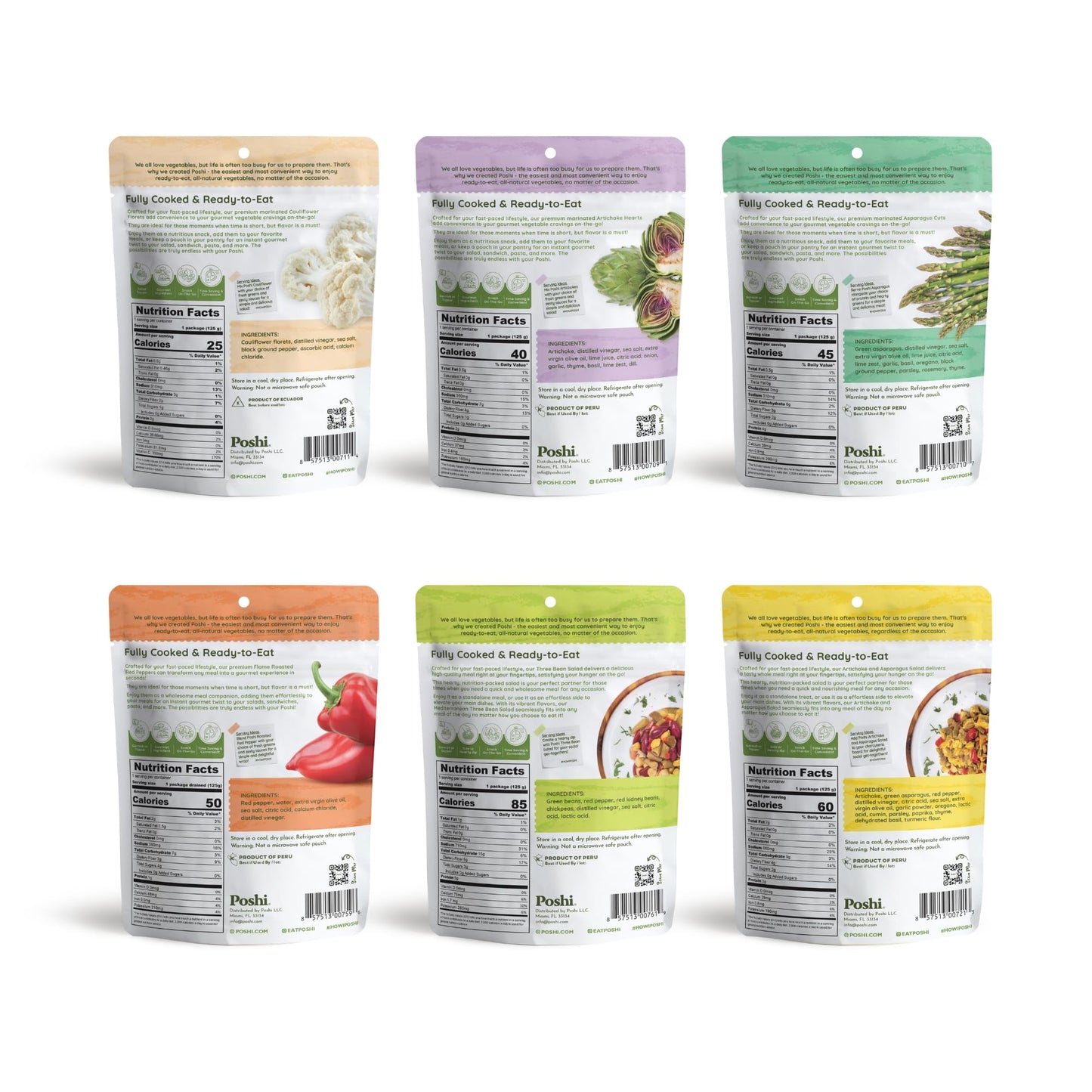 Poshi Marinated Vegetables Variety Pack | All Natural, Fully Cooked, Ready-To-Eat, Keto, Vegan, Paleo, Non Gmo, Low Calorie, Glu
