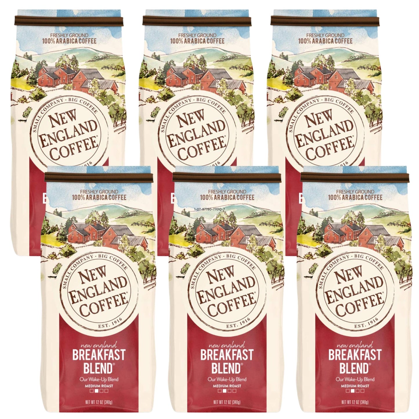 New England Coffee Breakfast Blend Medium Roast Ground Coffee, 12oz Bag, Pack of 6