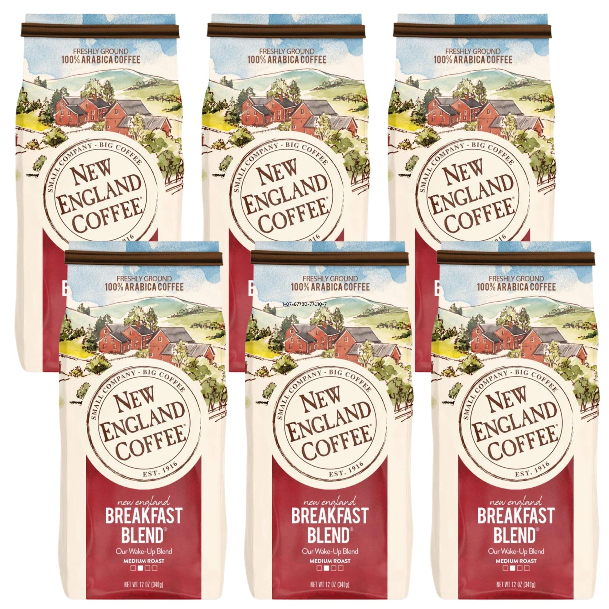 New England Coffee Breakfast Blend Medium Roast Ground Coffee, 12oz Bag, Pack of 6