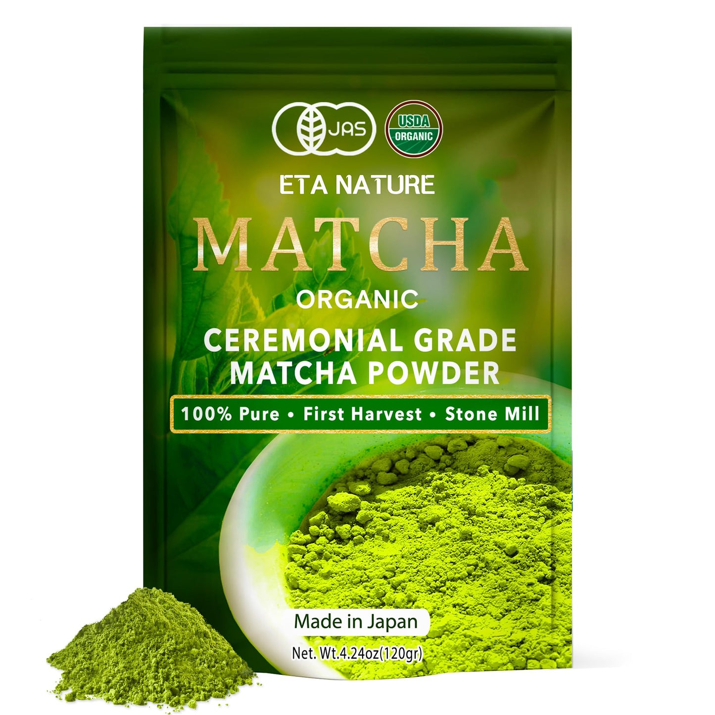 ETANATURE Premium Ceremonial Grade Matcha Powder, JAS Certified, 120g for Metabolism, Brain, and Sleep, Green Tea from Japan