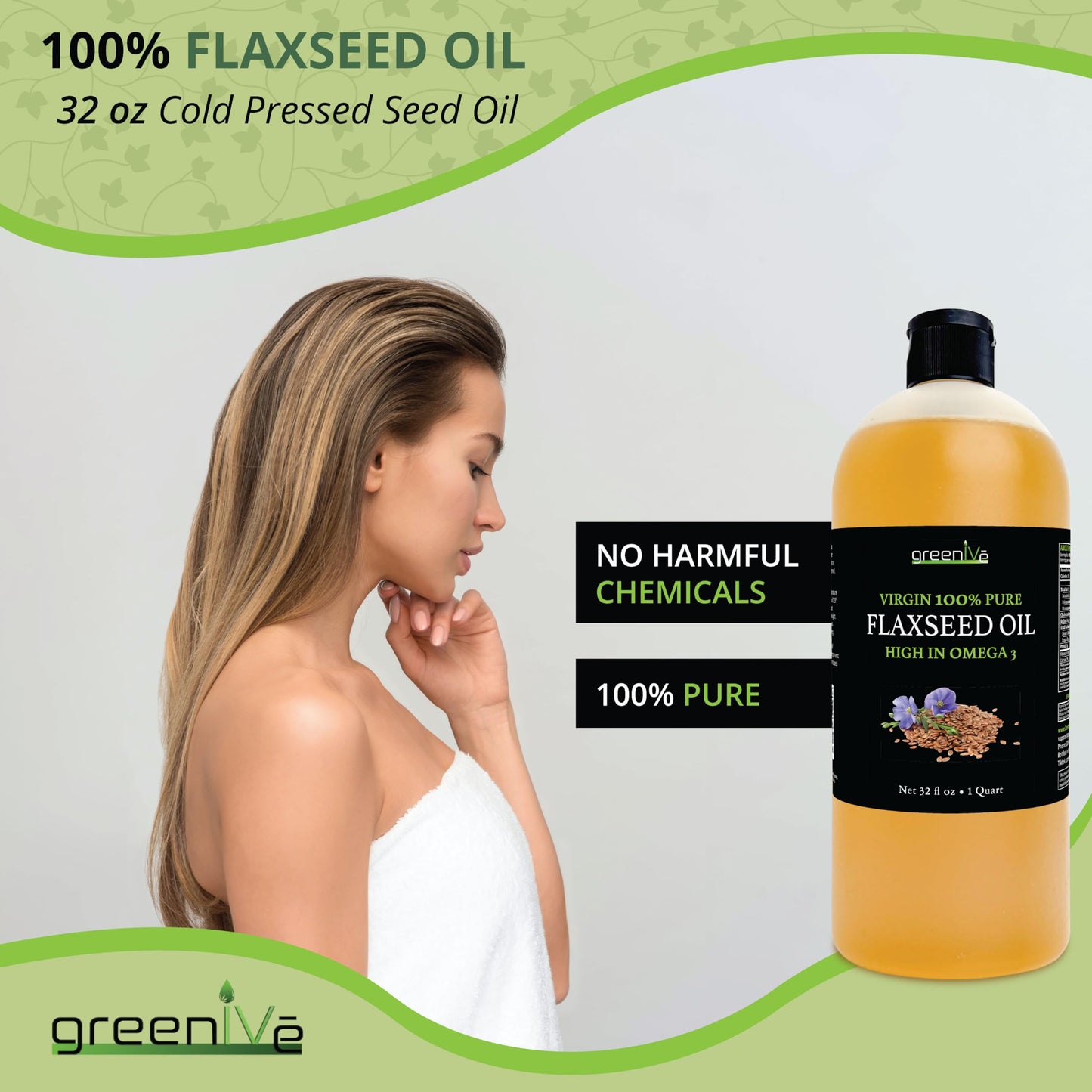 GreenIVe Flax Seed Oil, 100% Pure, Cold Pressed, High Omegas, 32 Fl Oz