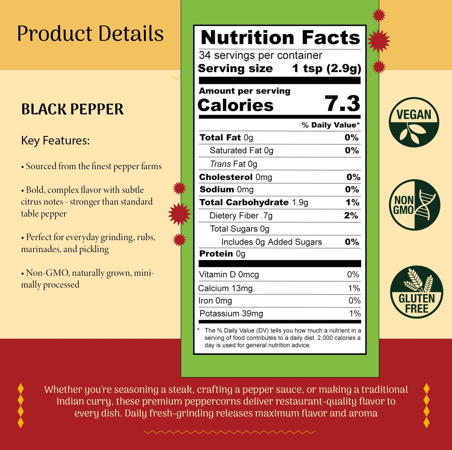 SHUBHAAVYA Black Peppercorns Whole, Non-GMO, Gluten-Free, 3.5oz (100g), Perfect for Grinders