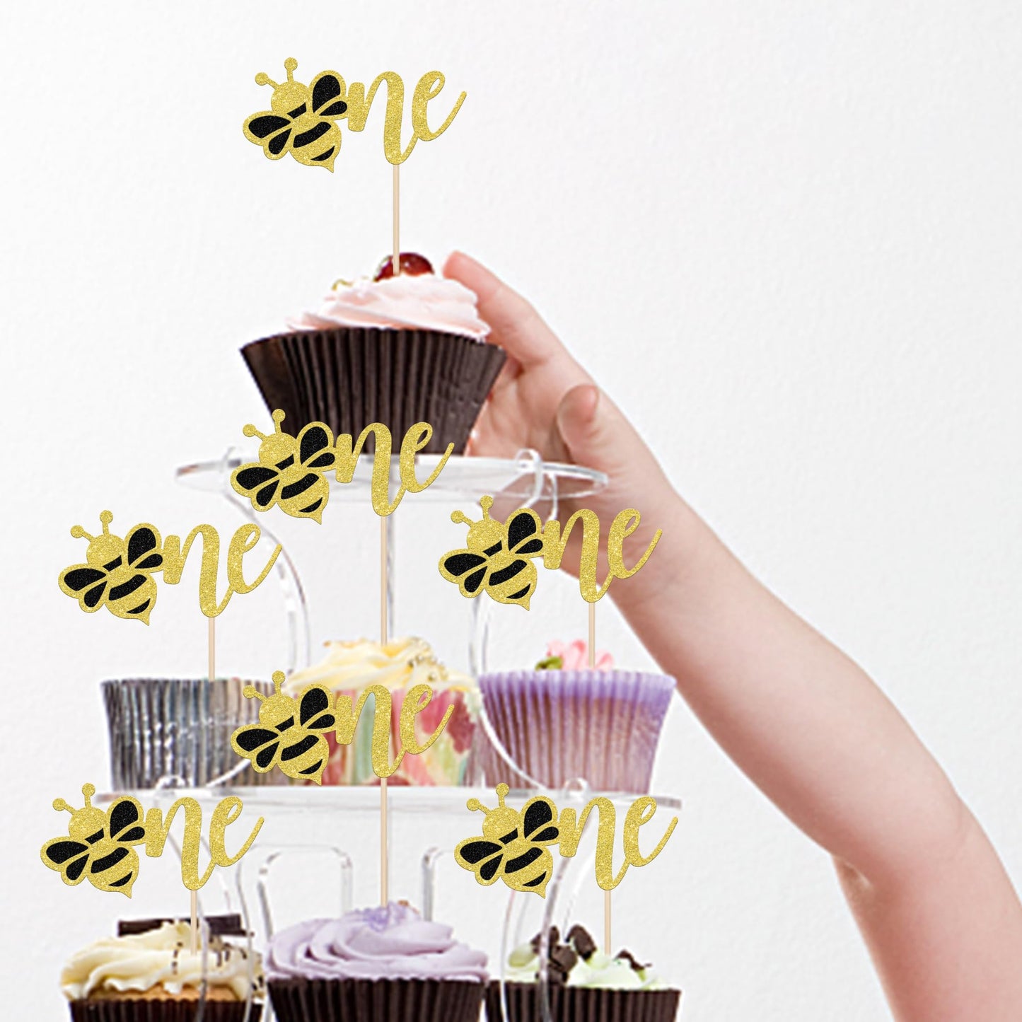 24 Pcs Bumble Bee One Cupcake Toppers Glitter 1St Birthday Party Cupcake Picks Decorations For Bee Theme Baby Shower Kids First