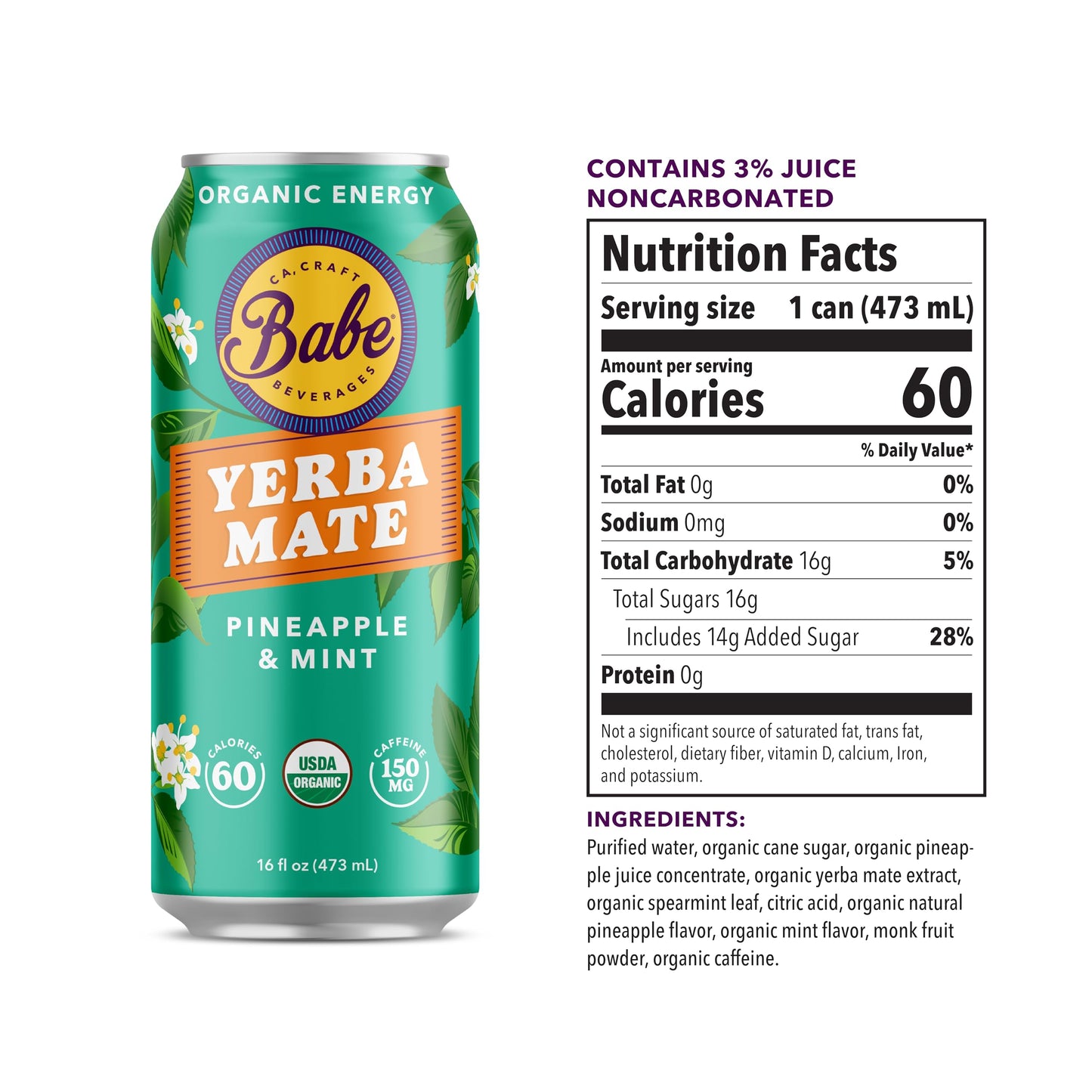 Babe Beverages Organic Yerba Mate Energy Drinks, 150mg Caffeine, Variety Pack (12 x 16oz Cans)