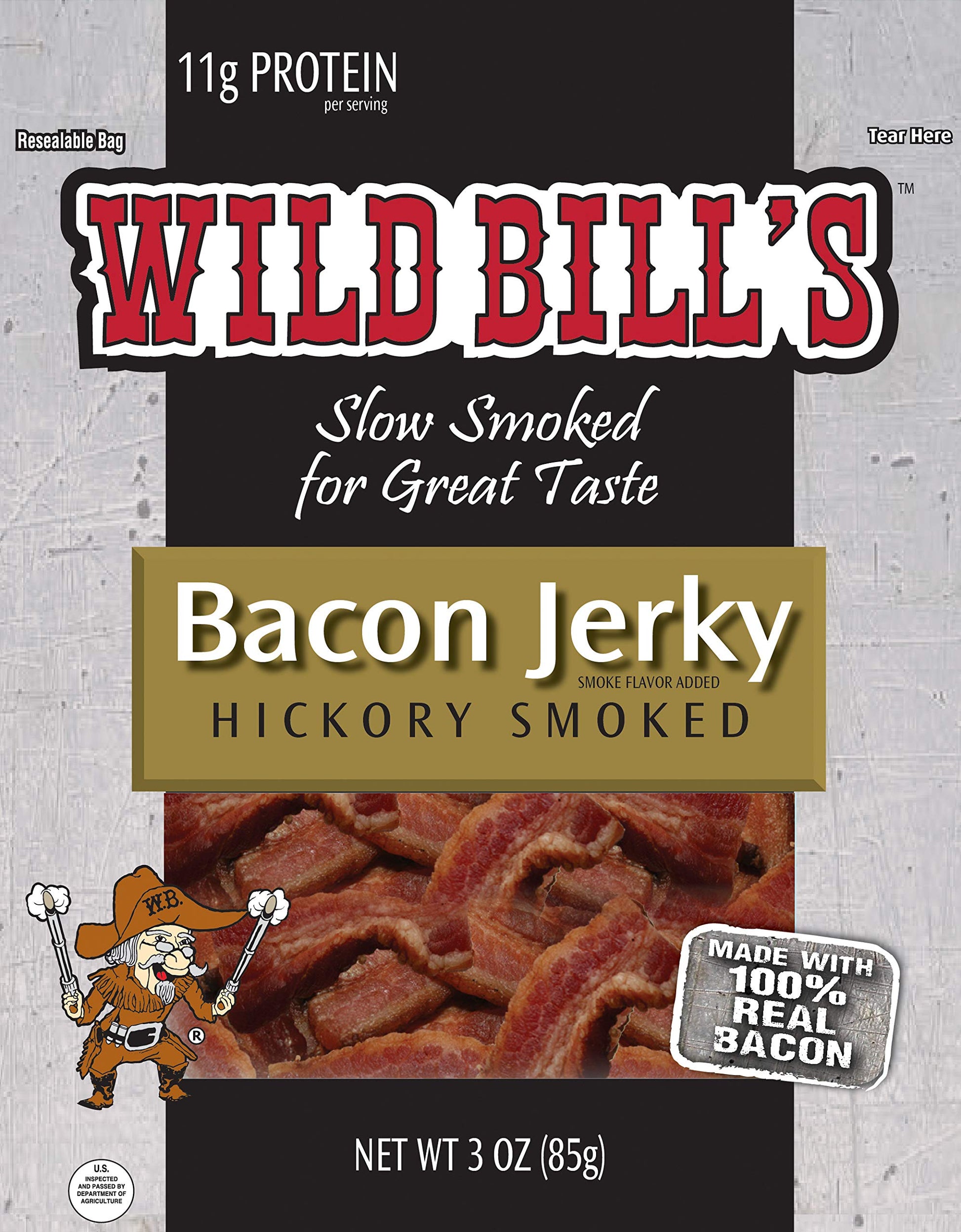 Wild Bills Hickory Smoked Bacon Jerky - 3 Ounce Pack (3 count) - Savory Snack