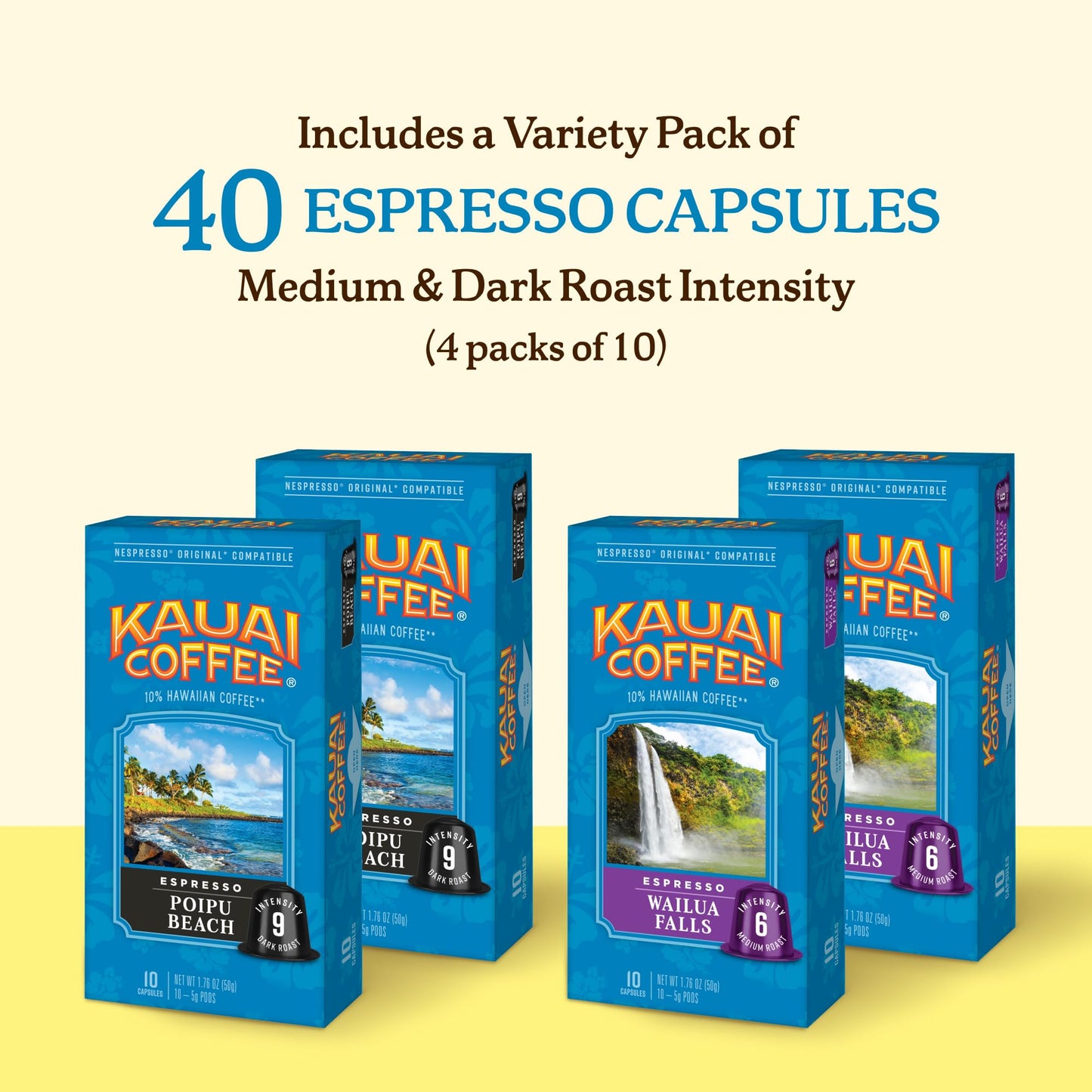 Kauai Coffee Espresso Pods Compatible With Nespresso Original Coffee Makers – 10% Hawaiian Arabica Coffee – Medium & Dark Roast Variety Pack – Poipu Beach And Wailua Falls, 4 Packs Of 10 Espresso Pods
