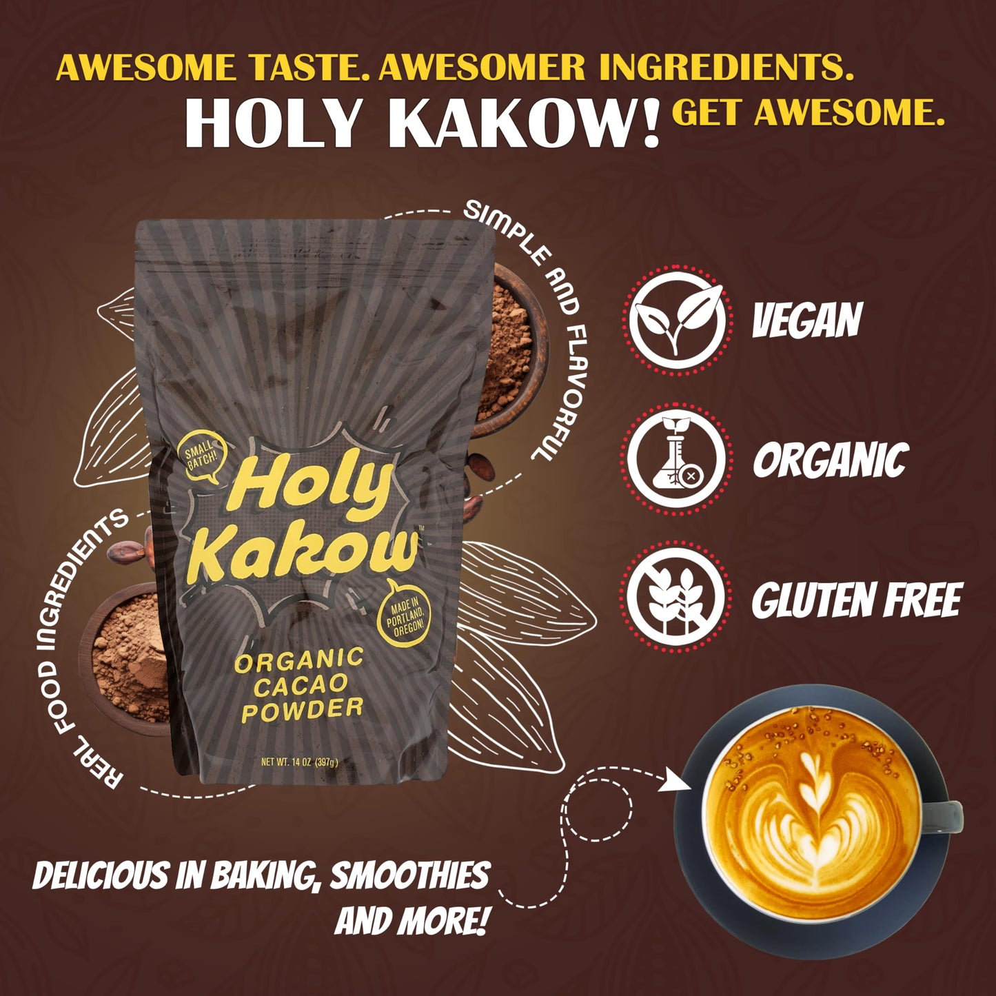 Holy Kakow Cacao Powder - Organic Cacao Powder, Cacao, Gluten Free, Soy Free, Vegan, Single Origin, Rich In Antioxidants, Organic Raw Cacao Powder - 14Oz