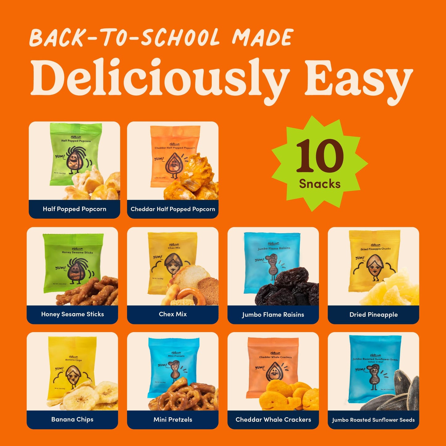 Nuts.com Back to School Variety Pack - Nut-Free Healthy Snack Box for Kids & Adults - Individually Wrapped Snacks, 10 Count Sing