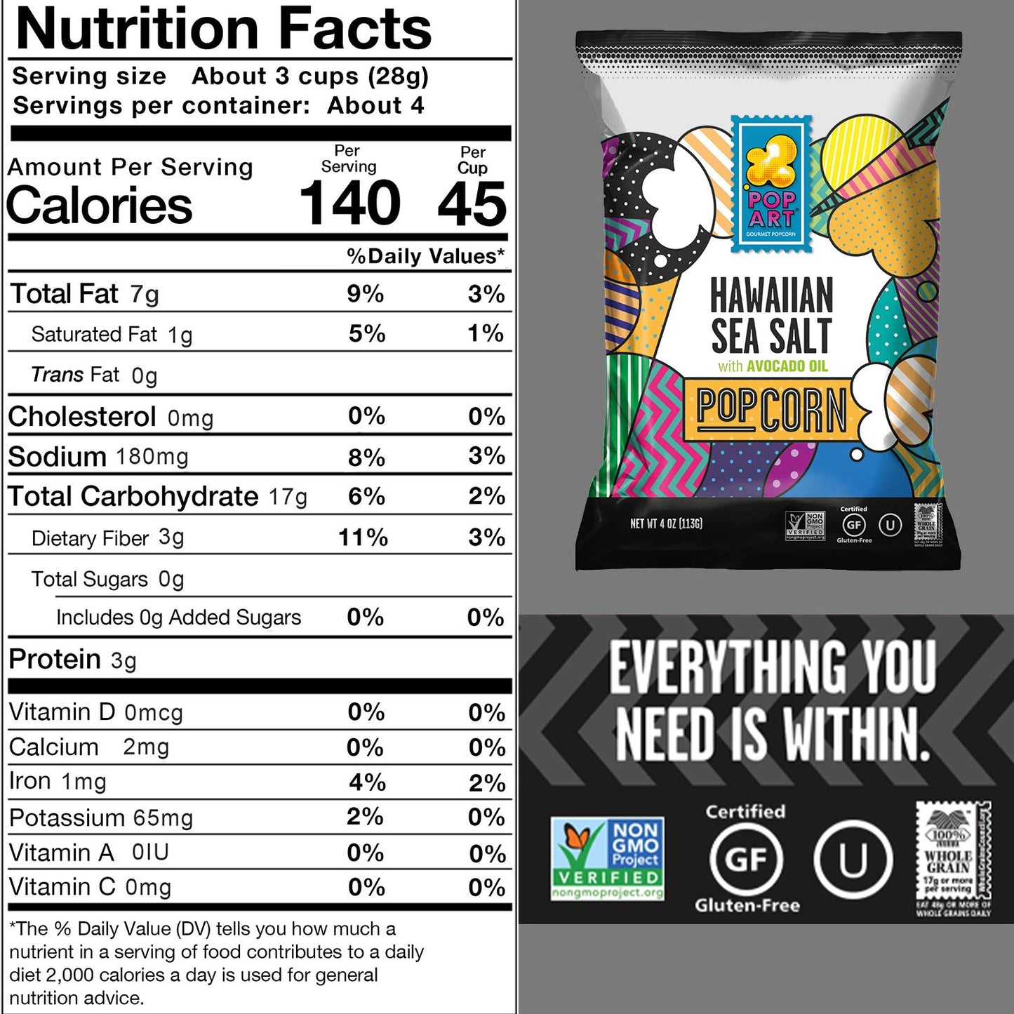 Pop Art Snacks Gourmet Popcorn - Hawaiian Sea Salt, 4 Oz