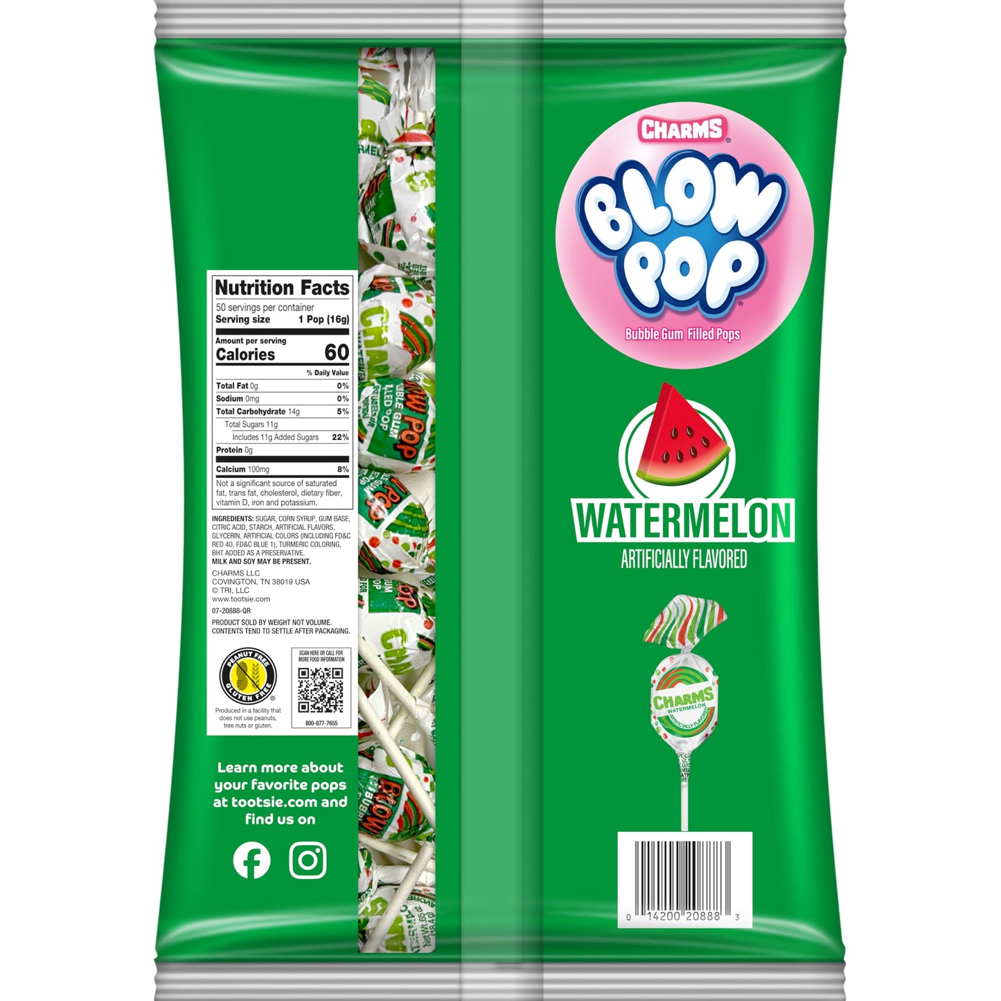 Charms Blow Pop Single Flavor Bag - Watermelon Flavored Lollipops With A Bubble Gum Center - Individually Wrapped Hard Candy - P