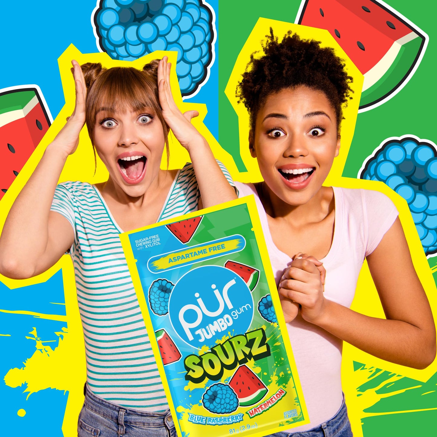 PUR Gum Jumbo SOURZ Chewing Gum - Aspartame Free, 100% Xylitol, Sour Blue Raspberry & Watermelon, 20 Count (Pack of 1)