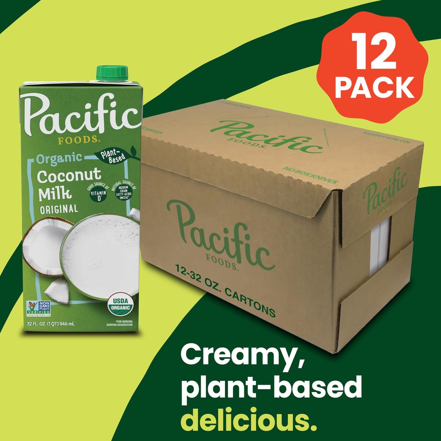 Pacific Foods Original Organic Coconut Milk, Plant Based Milk, 32 oz Carton (12 Pack)
