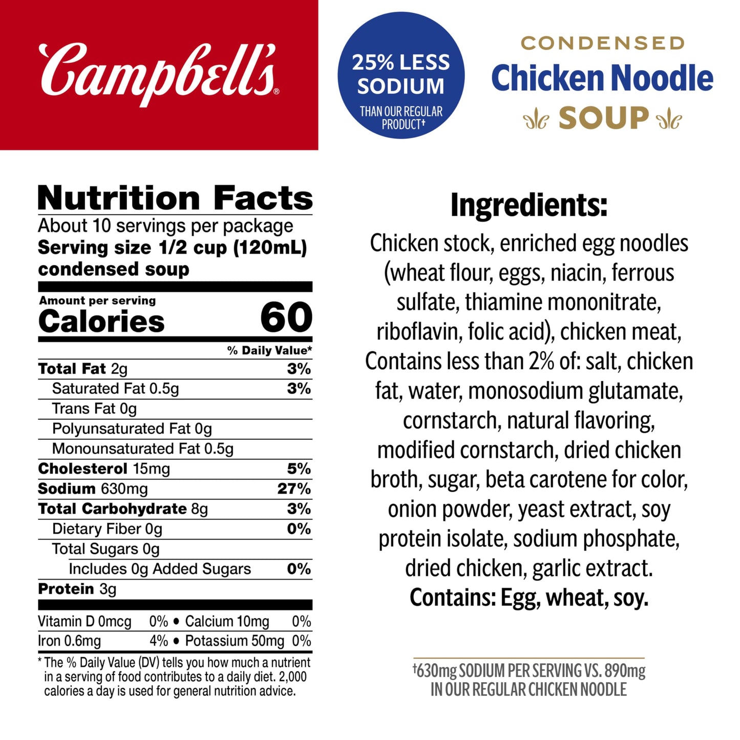 Campbells Condensed 25% Less Sodium Chicken Noodle Soup, 10.75 oz Can (24 Pack)