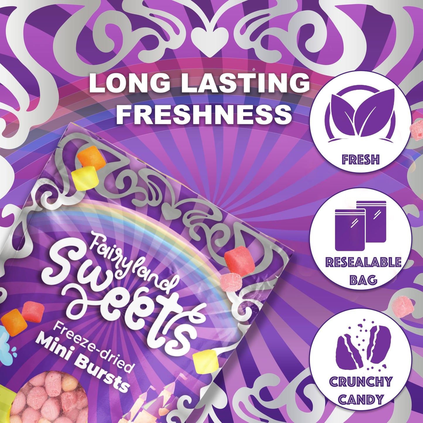 Fairyland Sweets Freeze Dried Candy Mini Bursts Rainbow - Fun, Crunchy Flavored Mini Bursts Skittles - Freeze Dried Candy - 4.5