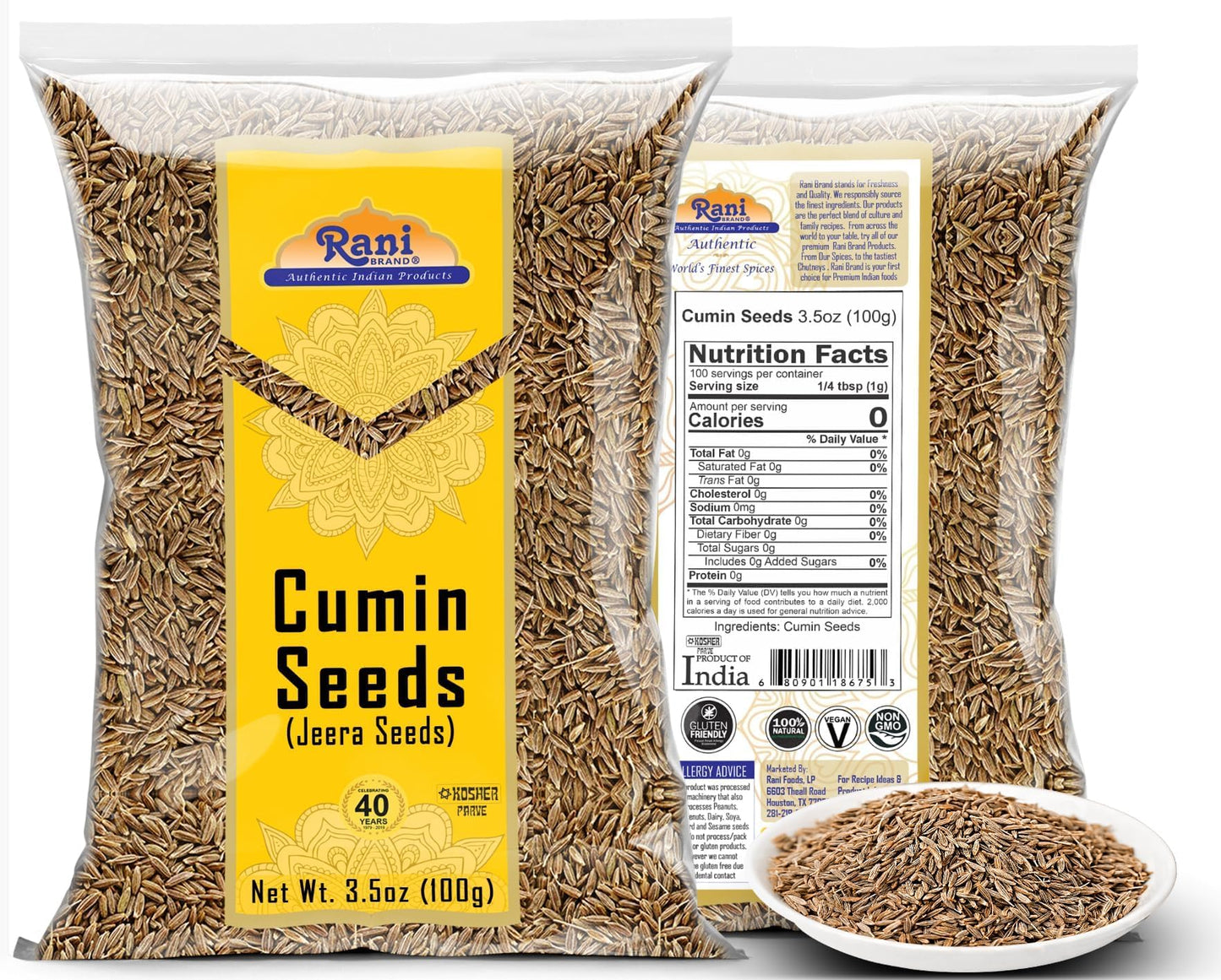 Rani Cumin Seeds Whole (Jeera) Spice 3.5Oz (100G) ~ All Natural | Gluten Friendly | Non-Gmo | Vegan | Indian Origin