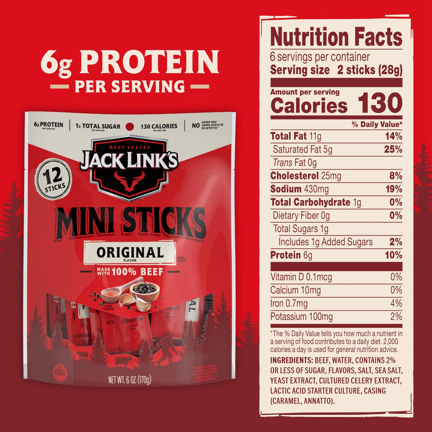 Jack Link'S Mini 100% Beef Sticks, Original Flavor - 6G Of Protein Snacks, 65 Calories Per Stick, On The Go Snacking, Keto & Pal