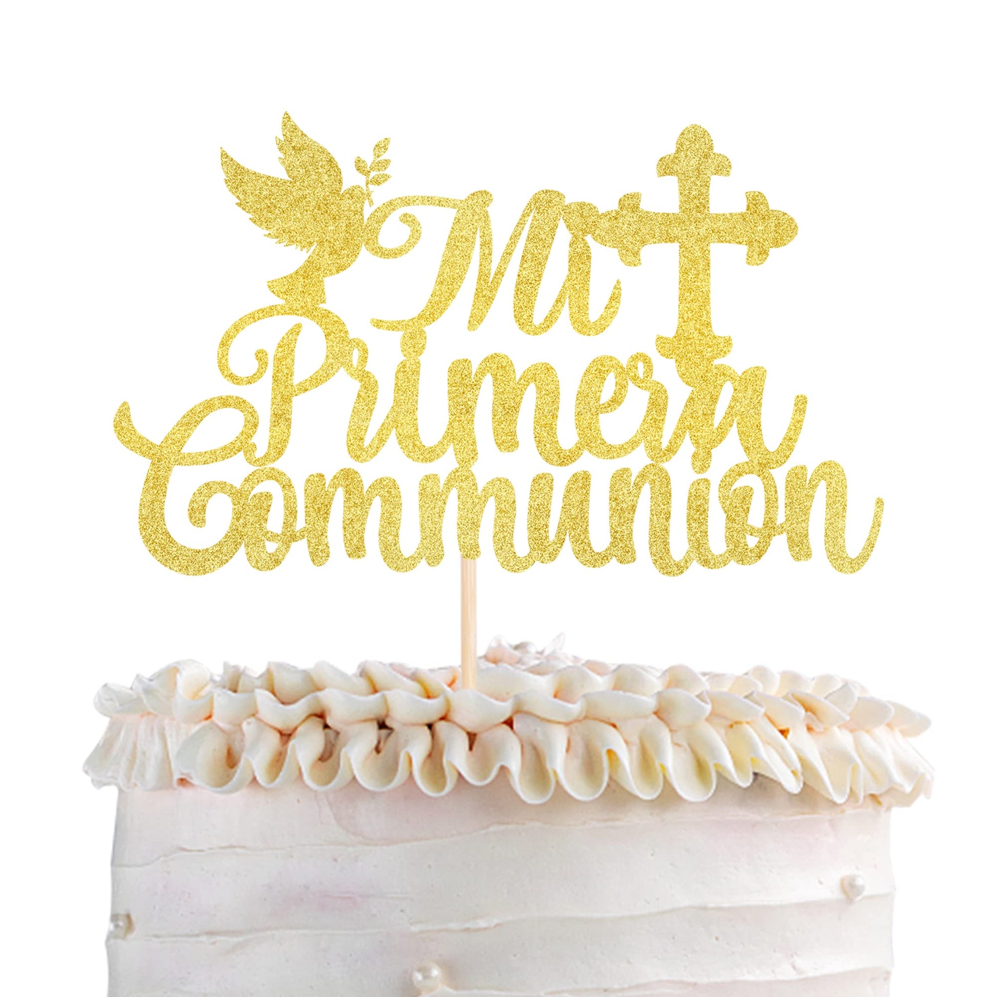 YCTHUNFISH Cake Topper Glitter First Holy Communion Decorations, Gold, Bamboo, 1 Pack